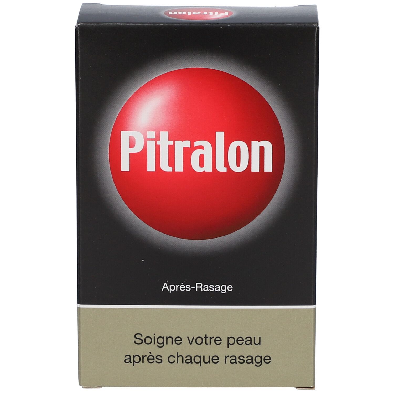 Doos met rode cirkel en Pitralon-tekst. Daaronder Après-Rasage en tekst. Onderste deel beige.