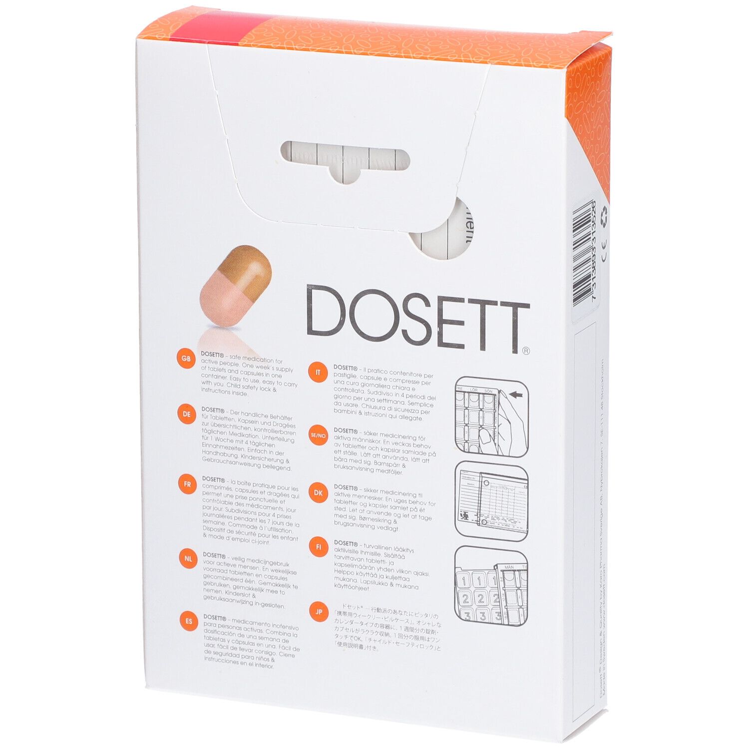 Dos de l'emballage de la boîte à pilules. DOSETT. Texte et pictogrammes. Icône de pilule. Emballage orange et blanc.