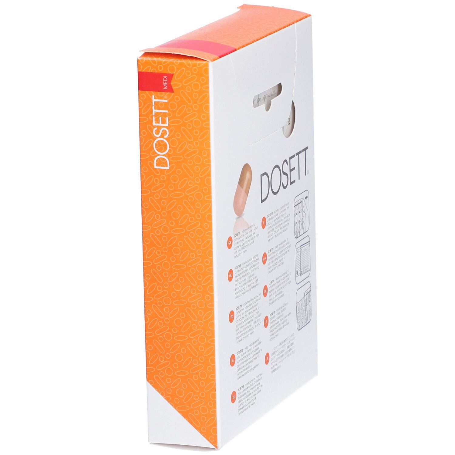 Vue latérale de l'emballage de la boîte à pilules. DOSETT, Medi. Texte et pictogrammes. Icône de pilule. Emballage orange et blanc.