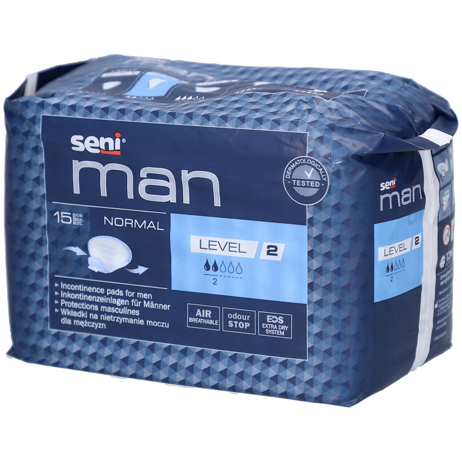 Paquet de protections Seni Man Normal Level 2. Emballage bleu avec informations et logo.