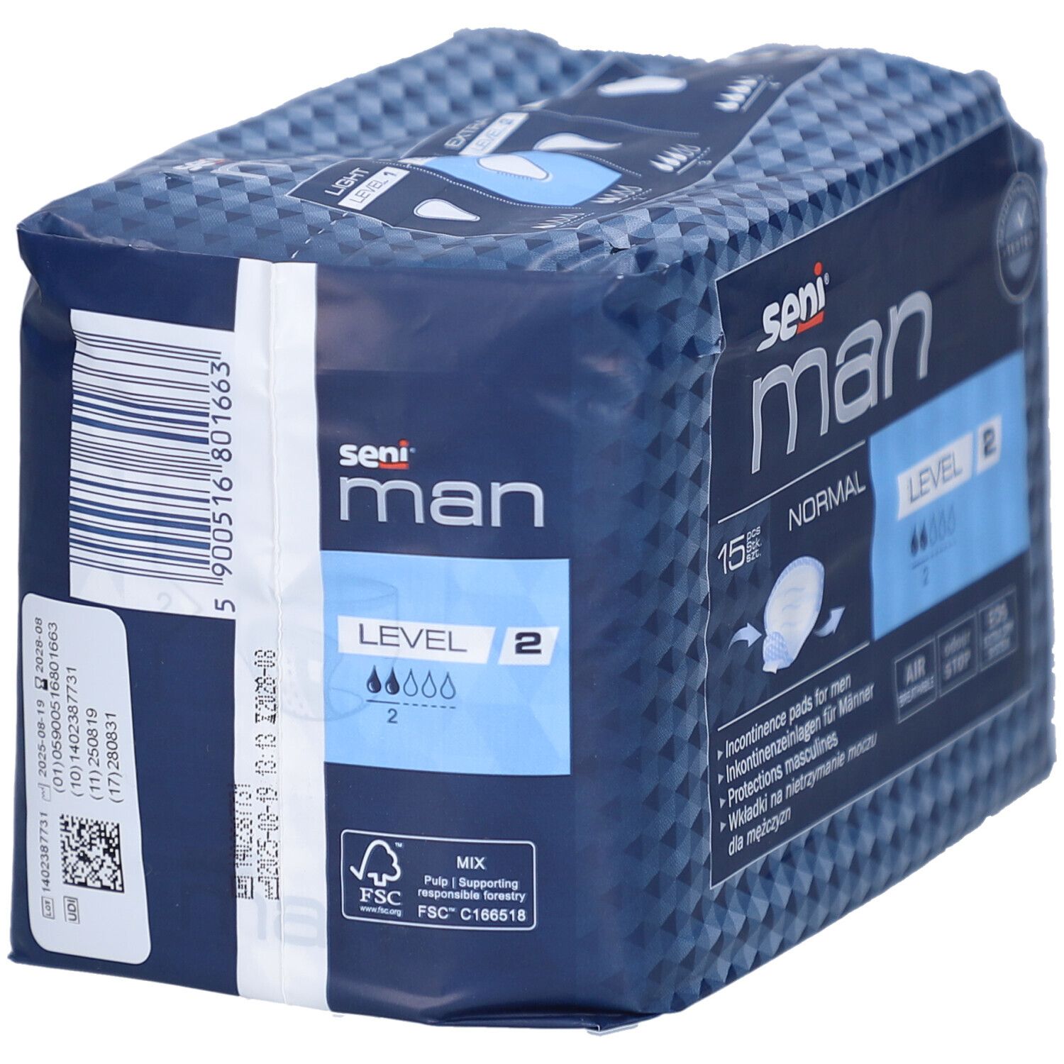 Paquet de protections Seni Man Normal Level 2. Emballage bleu avec informations et logo.