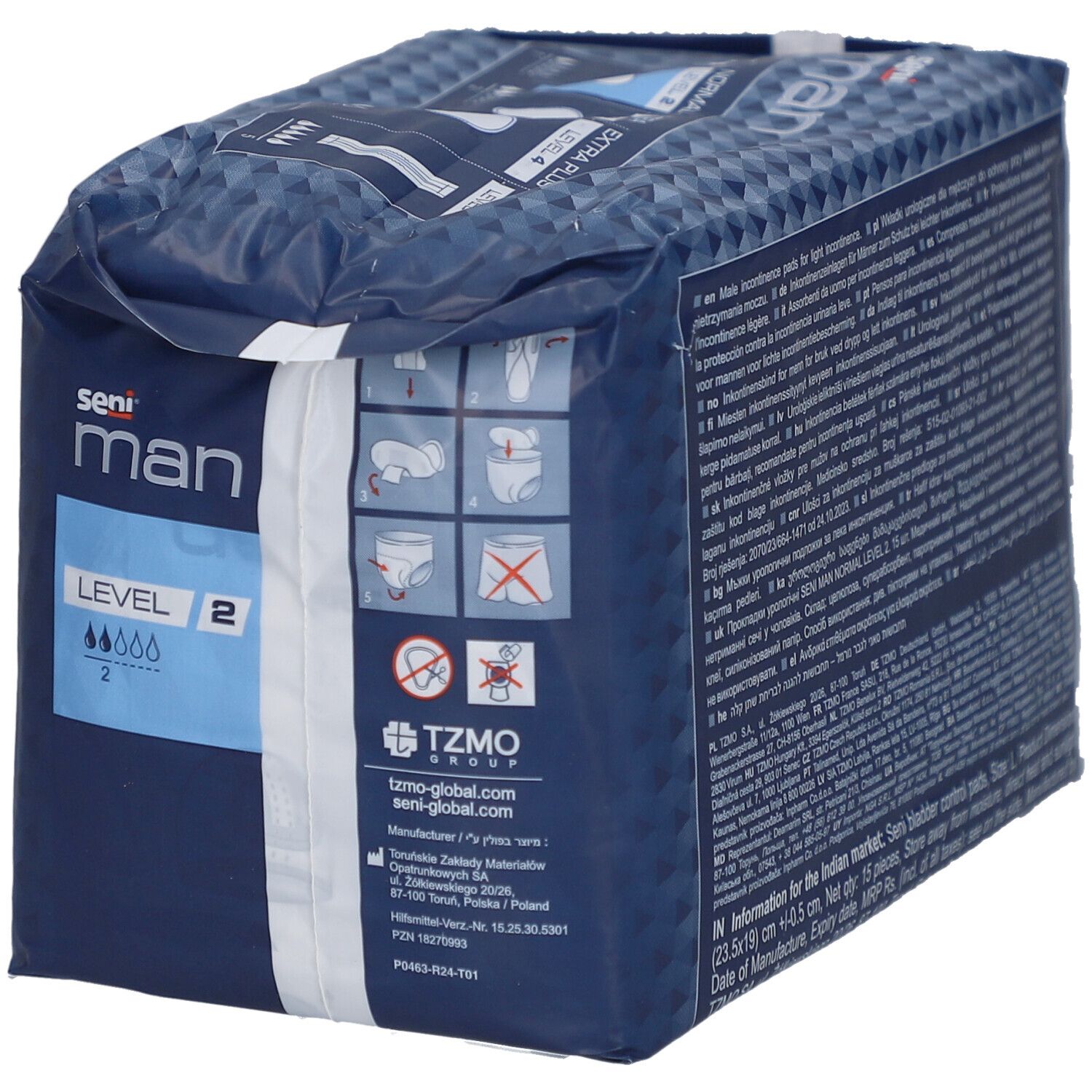 Dos du paquet Seni Man Normal Level 2. Pictogrammes et informations sur le produit.