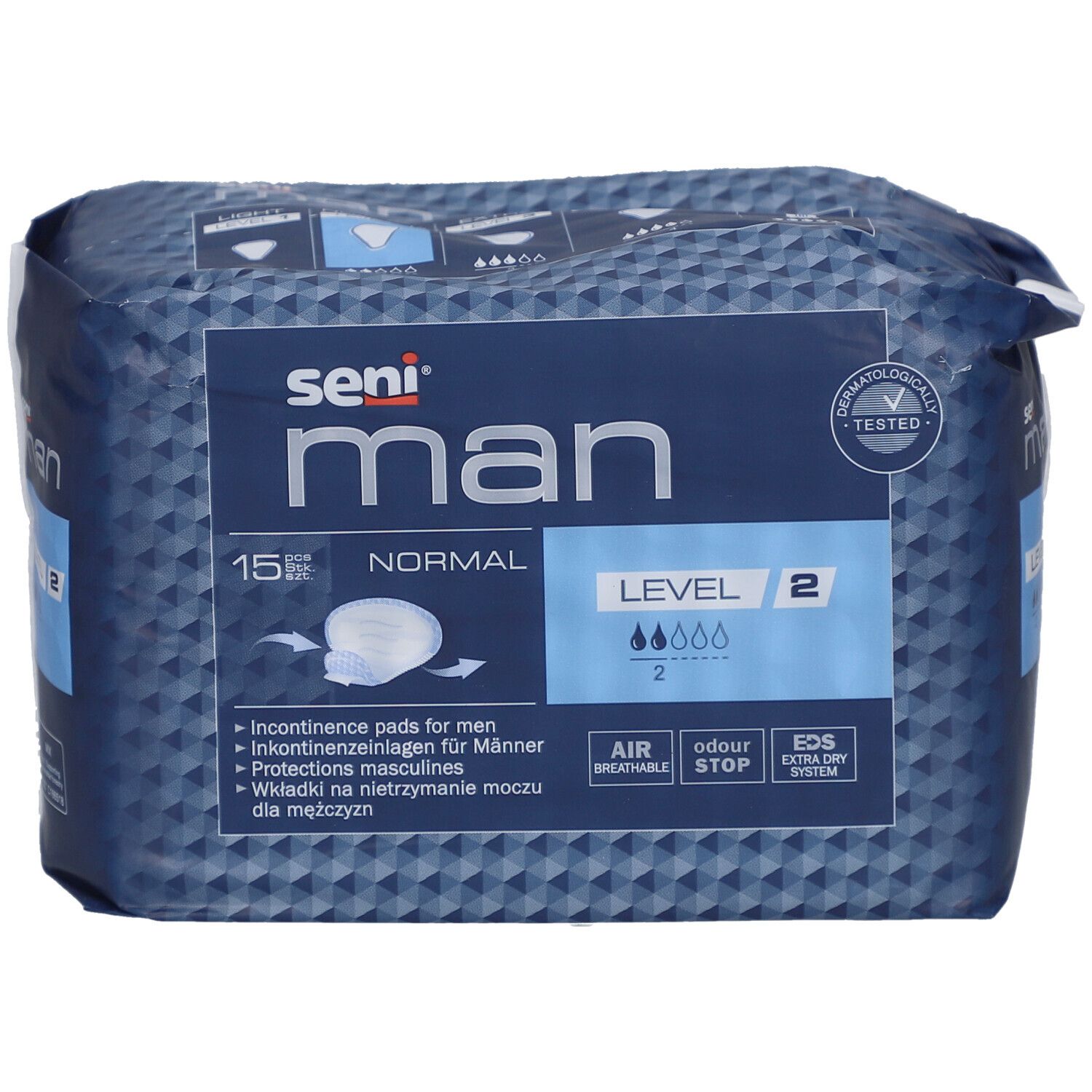 Paquet de protections Seni Man Normal Level 2. Emballage bleu avec informations et logo.