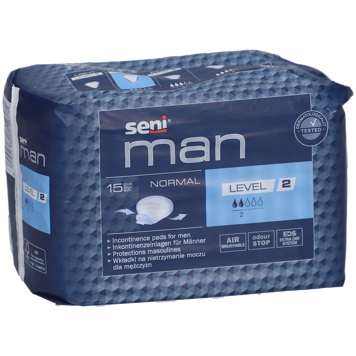 Paquet de protections Seni Man Normal Level 2. Emballage bleu avec informations et logo.