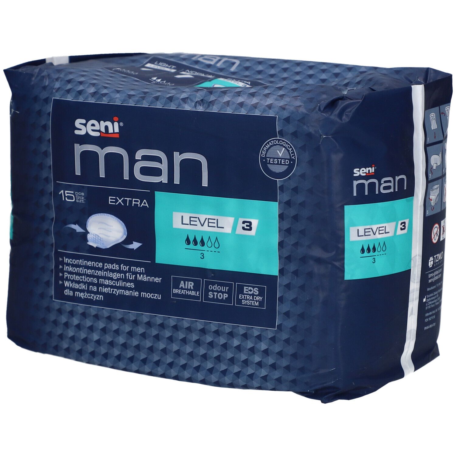Paquet de protections Seni Man Extra Level 3. Emballage bleu avec informations et logo.