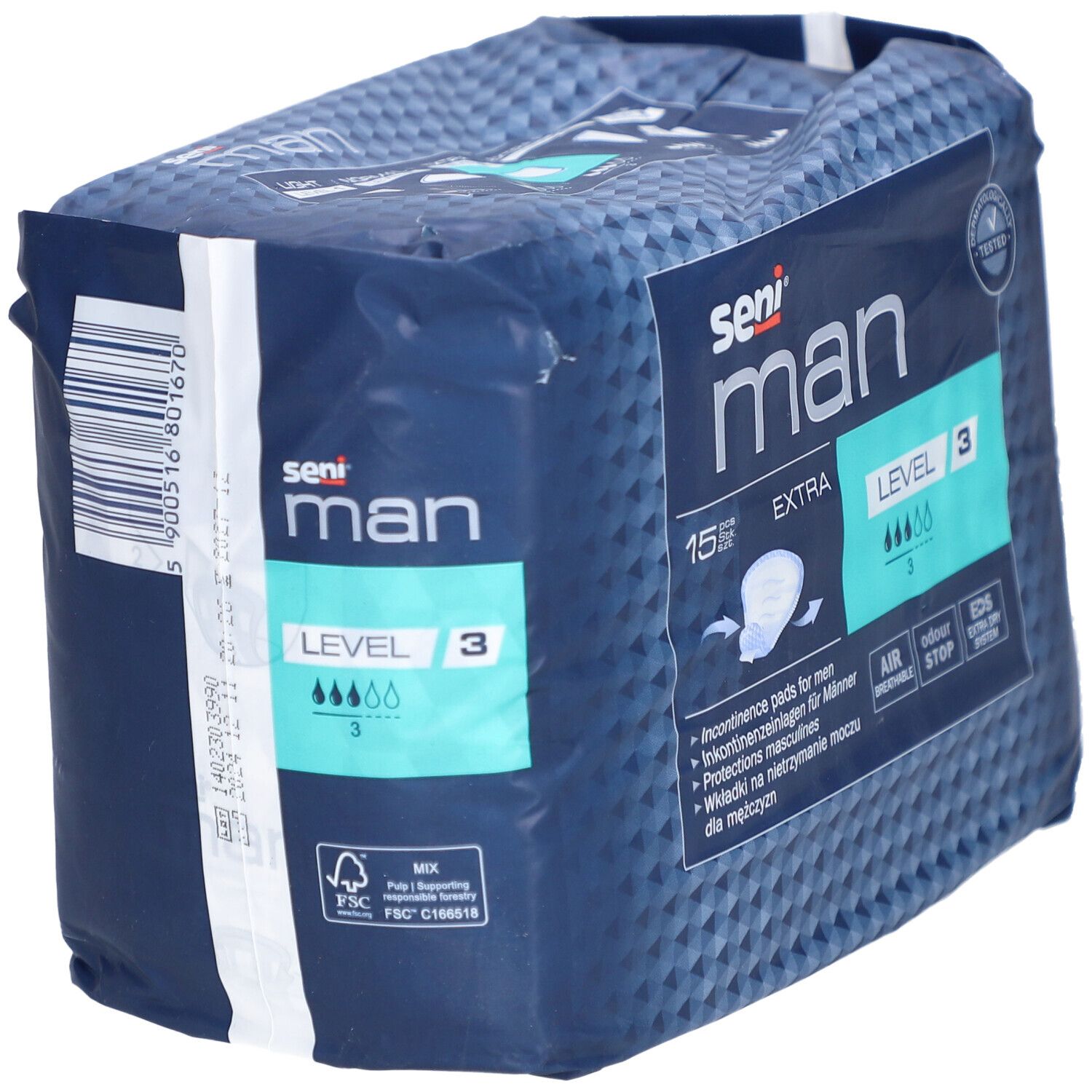 Emballage Seni Man Extra Level 3. Paquet bleu avec logo et informations sur le produit.