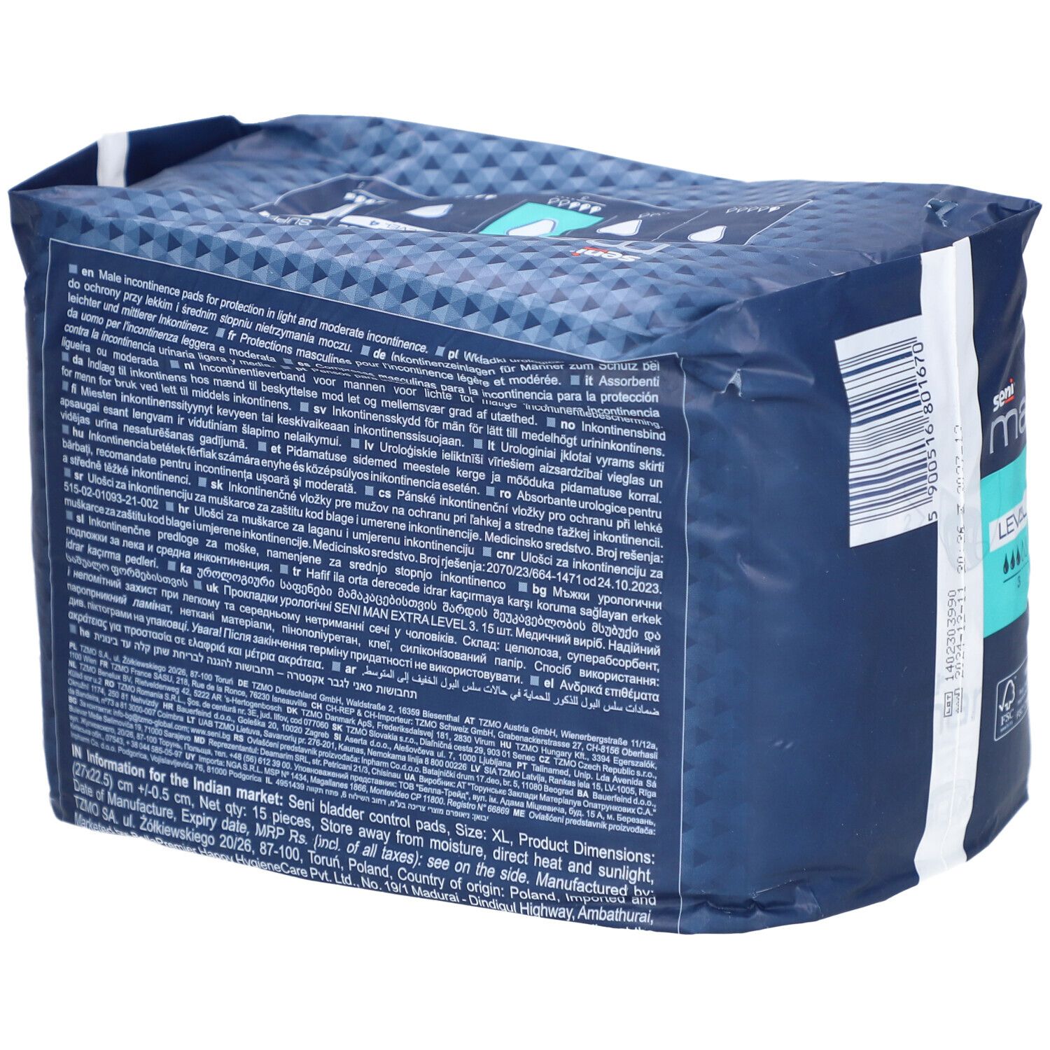 Dos de l'emballage Seni Man Extra Level 3. Texte en plusieurs langues.