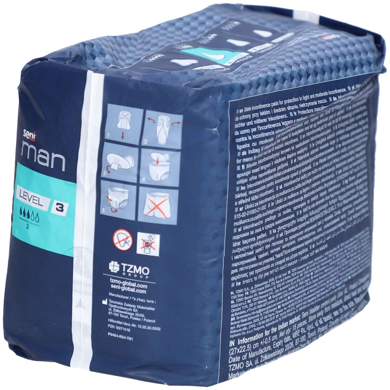 Côté de l'emballage Seni Man Extra Level 3. Informations et pictogrammes.