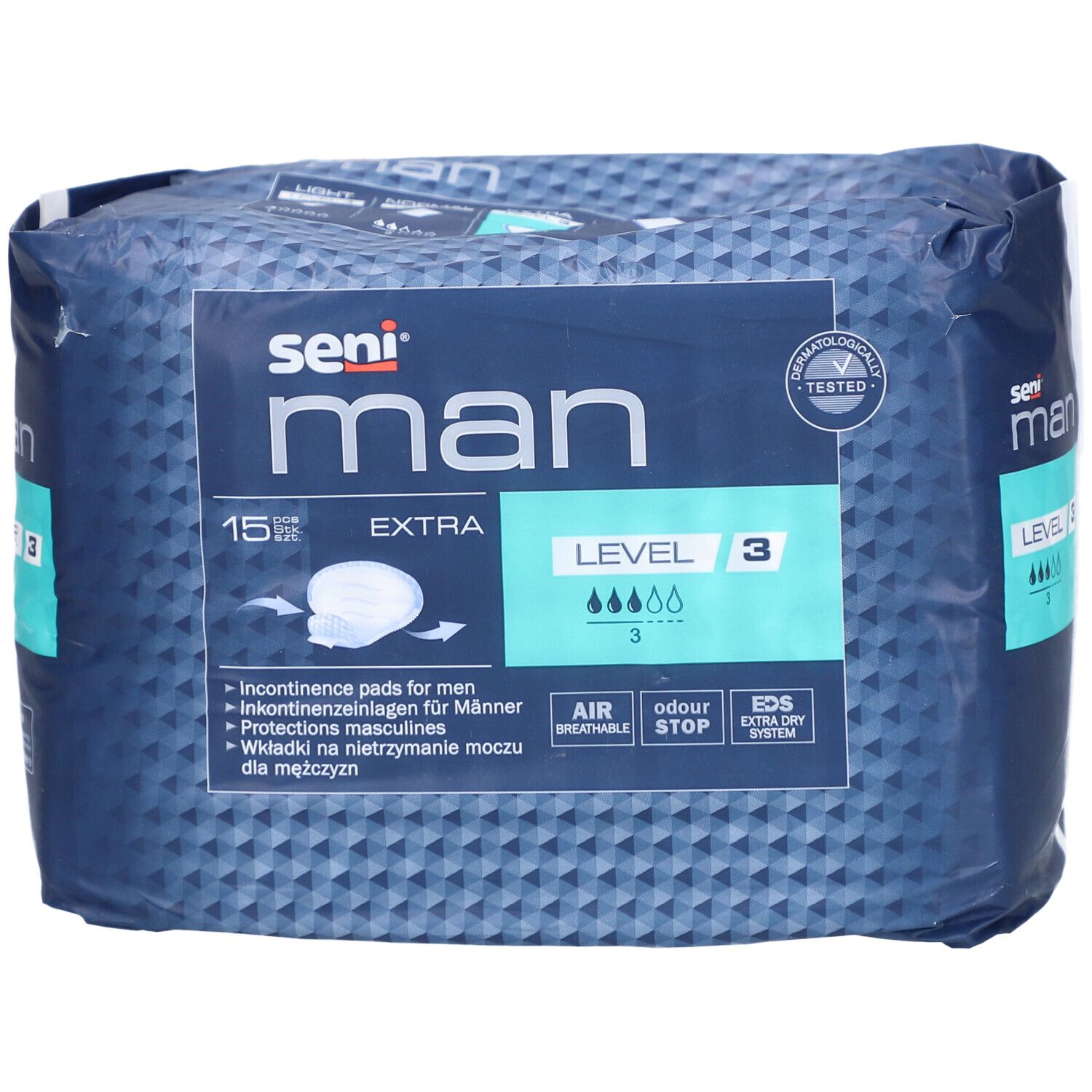 Emballage Seni Man Extra Level 3. Paquet bleu avec logo et informations sur le produit.