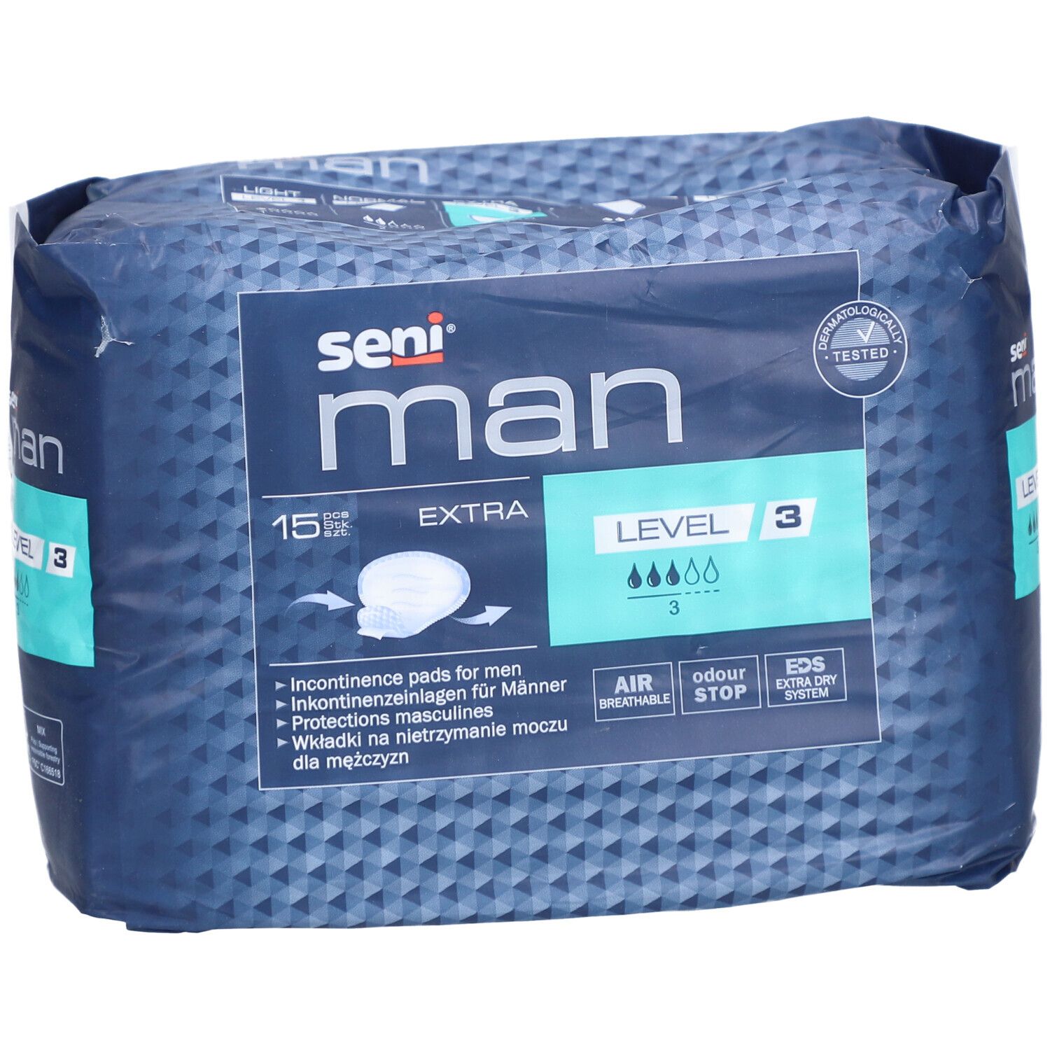 Emballage Seni Man Extra Level 3. Paquet bleu avec logo et informations sur le produit.