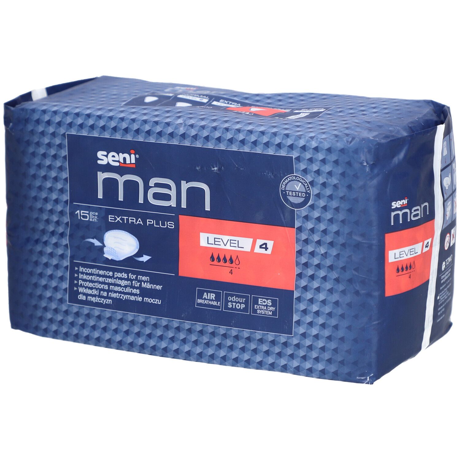 Paquet de protections Seni Man Extra Plus, niveau 4. Emballage bleu avec informations et logo.