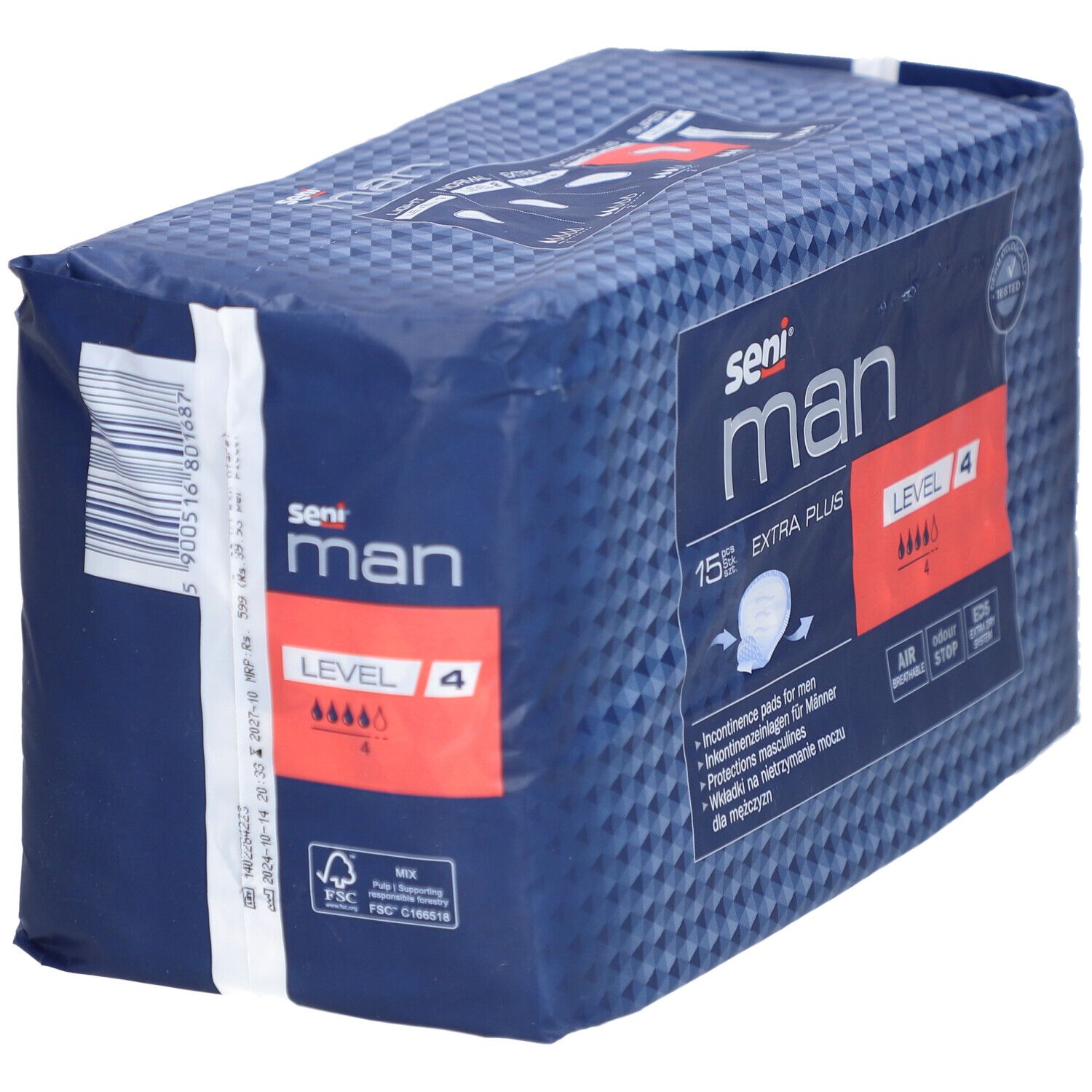 Emballage Seni Man Extra Plus, niveau 4. Paquet bleu avec logo et informations produit.