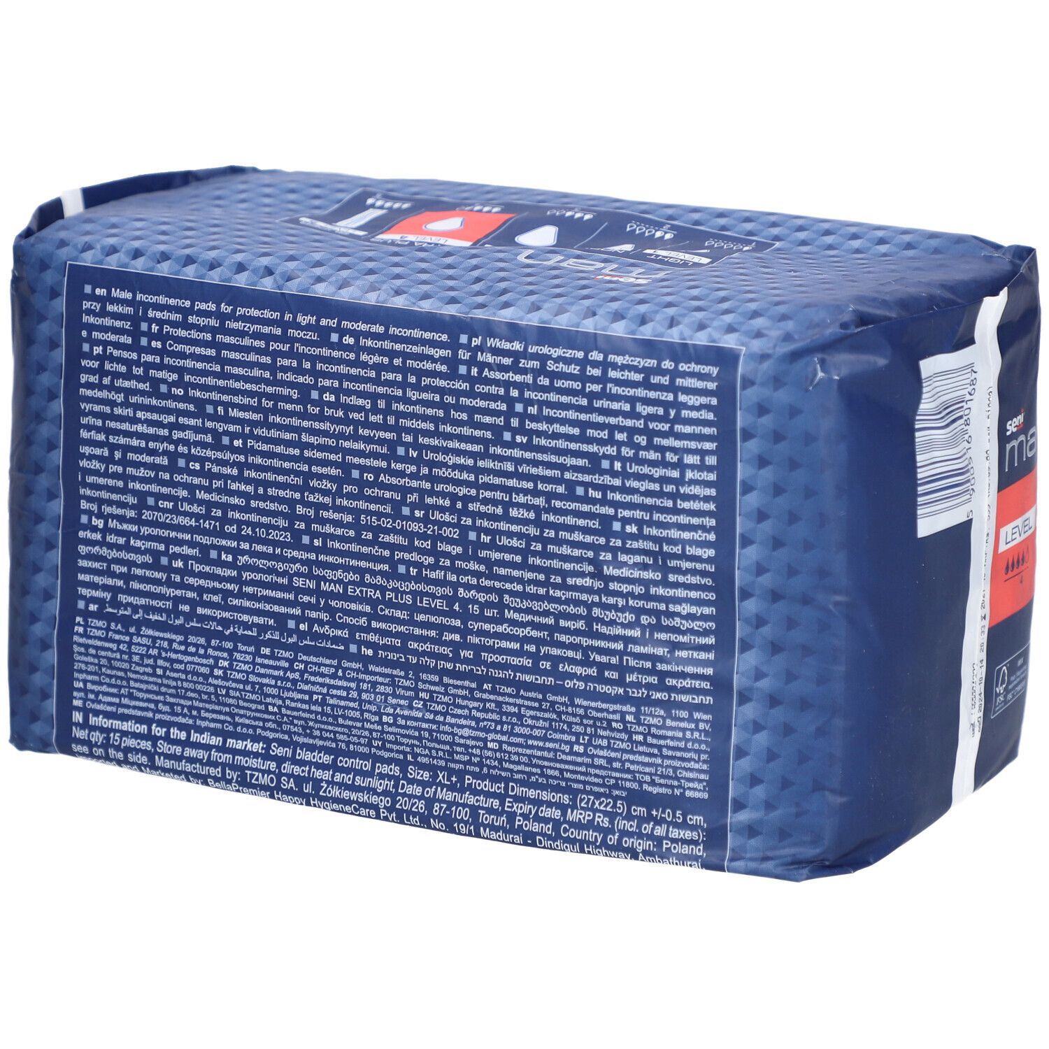 Dos de l'emballage Seni Man Extra Plus. Texte multilingue, informations sur le produit.