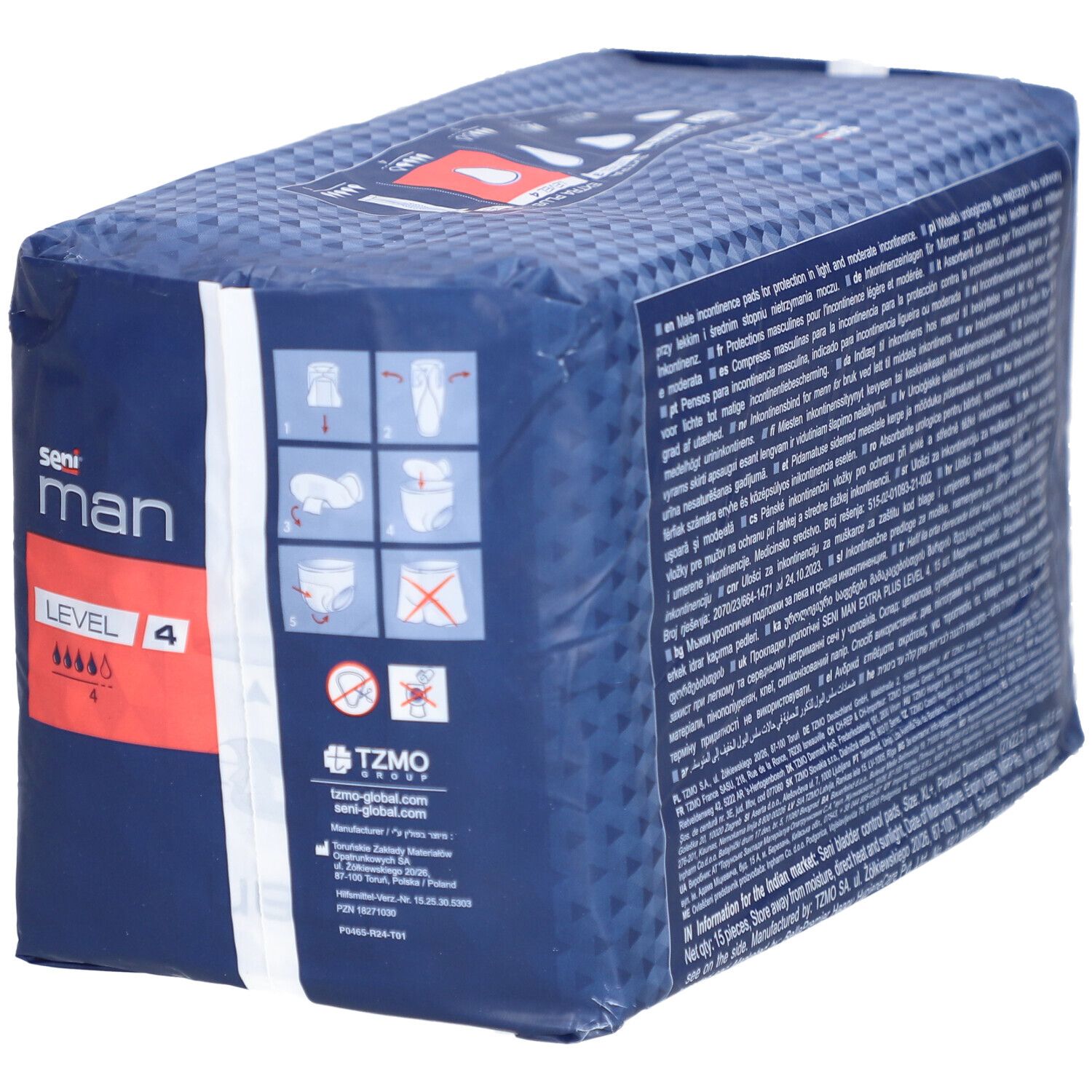 Dos de l'emballage Seni Man Extra Plus. Texte et pictogrammes, informations produit.