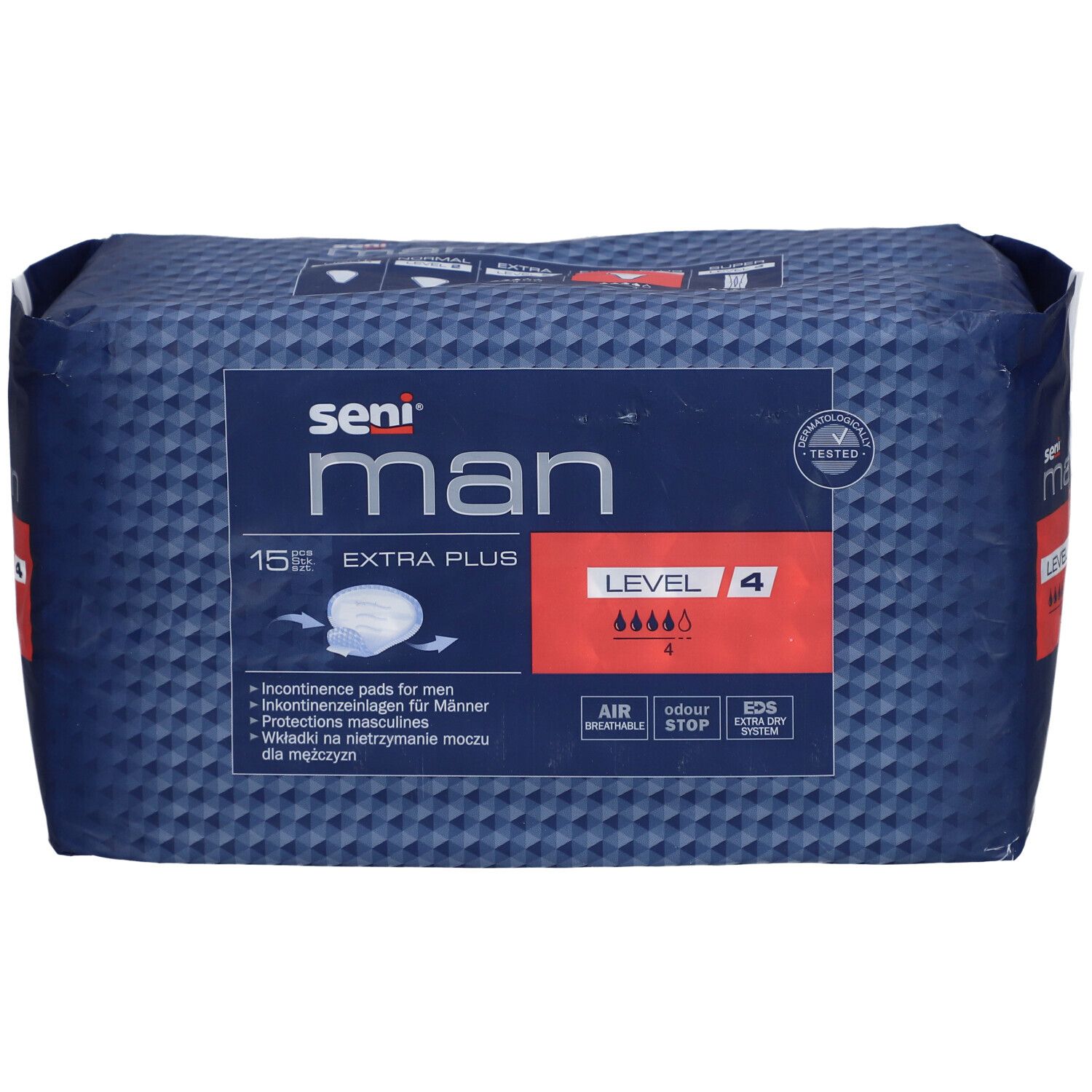 Emballage Seni Man Extra Plus, niveau 4. Paquet bleu avec logo et informations produit.