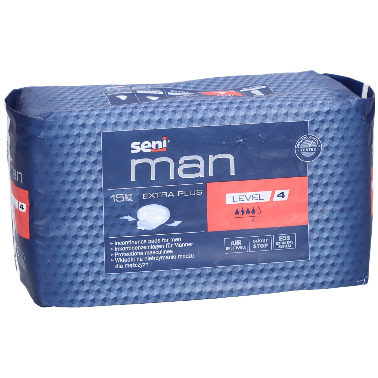 Emballage Seni Man Extra Plus, niveau 4. Paquet bleu avec logo et informations produit.