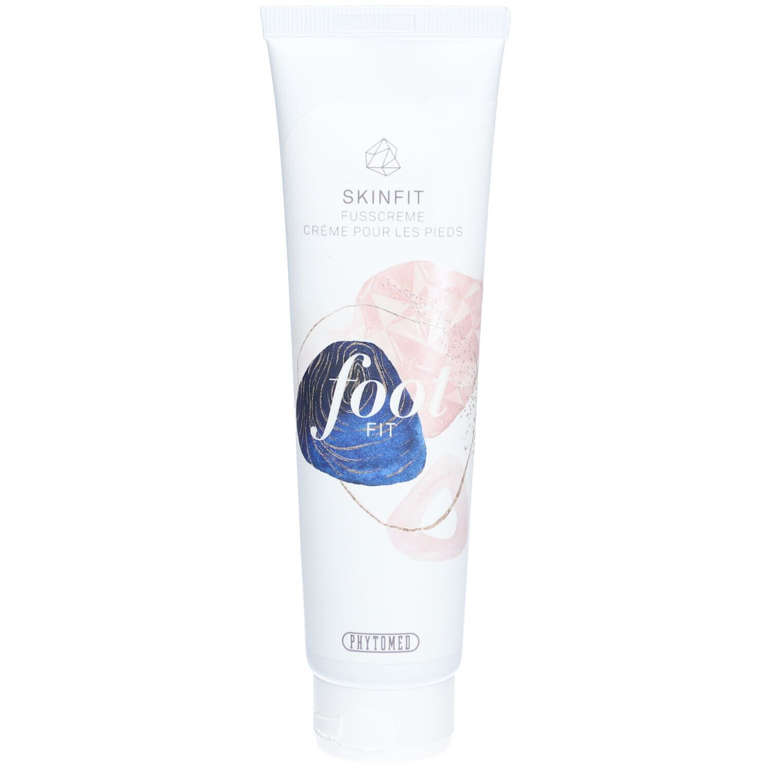 Witte tube met SKINFIT footFIT crème. Opdruk: footFIT, logo, tekst. Productnaam en merk.