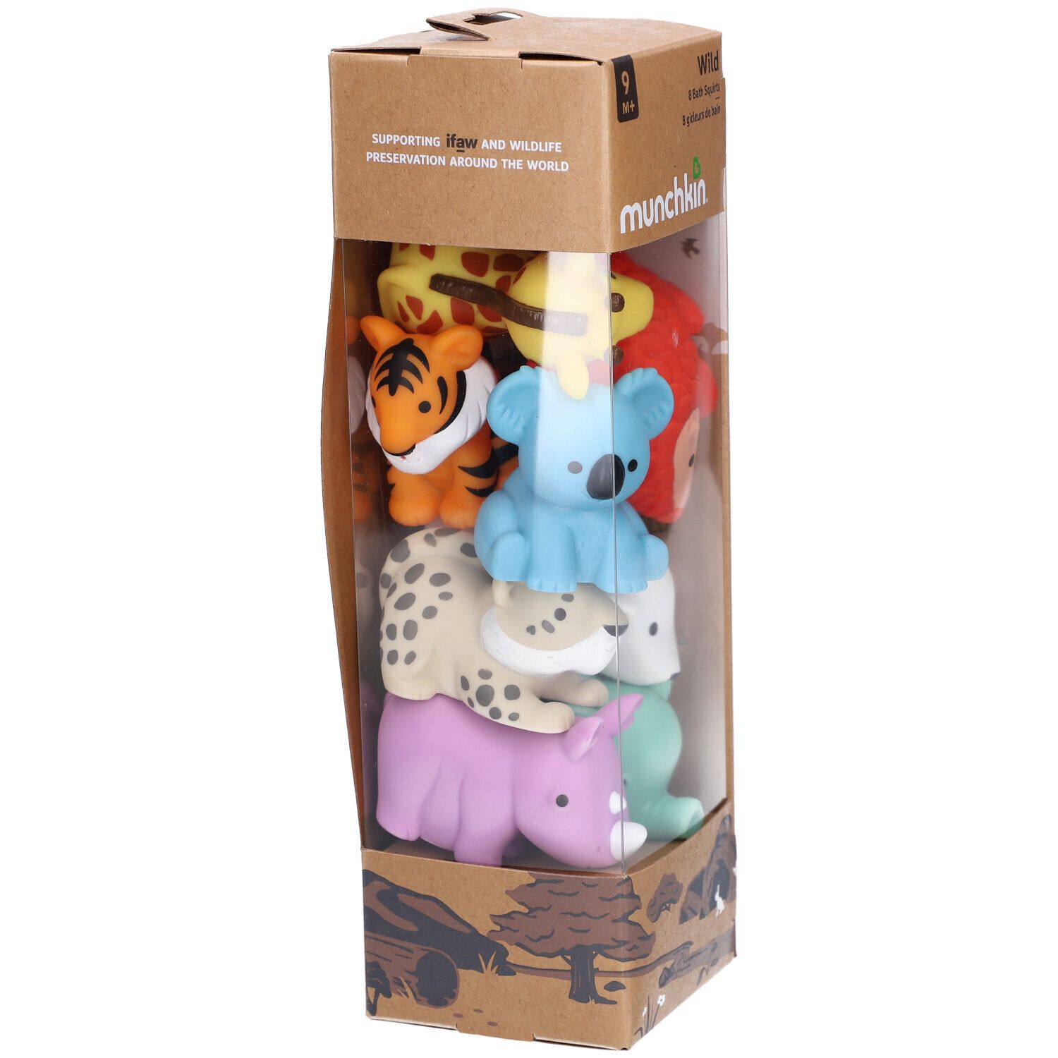 Verpakking met 8 dierenspuitfiguren. Bevat giraf, tijger, koala, luipaard, neushoorn, olifant, pinguïn en ijsbeer.