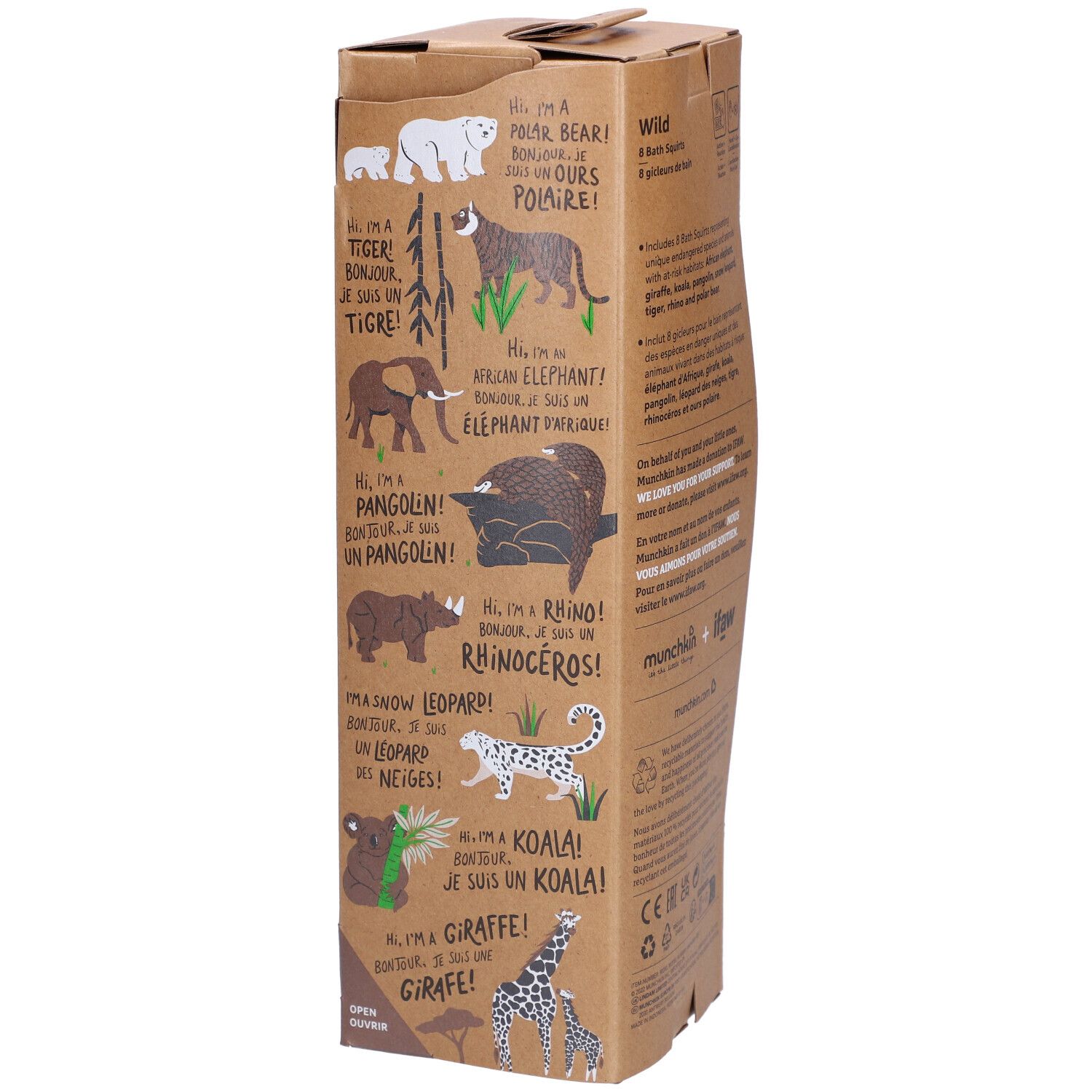 Verpakking met 8 dierenspuitfiguren. Bevat giraf, koala, neushoorn, luipaard, olifant, pinguïn, ijsbeer en tijger.