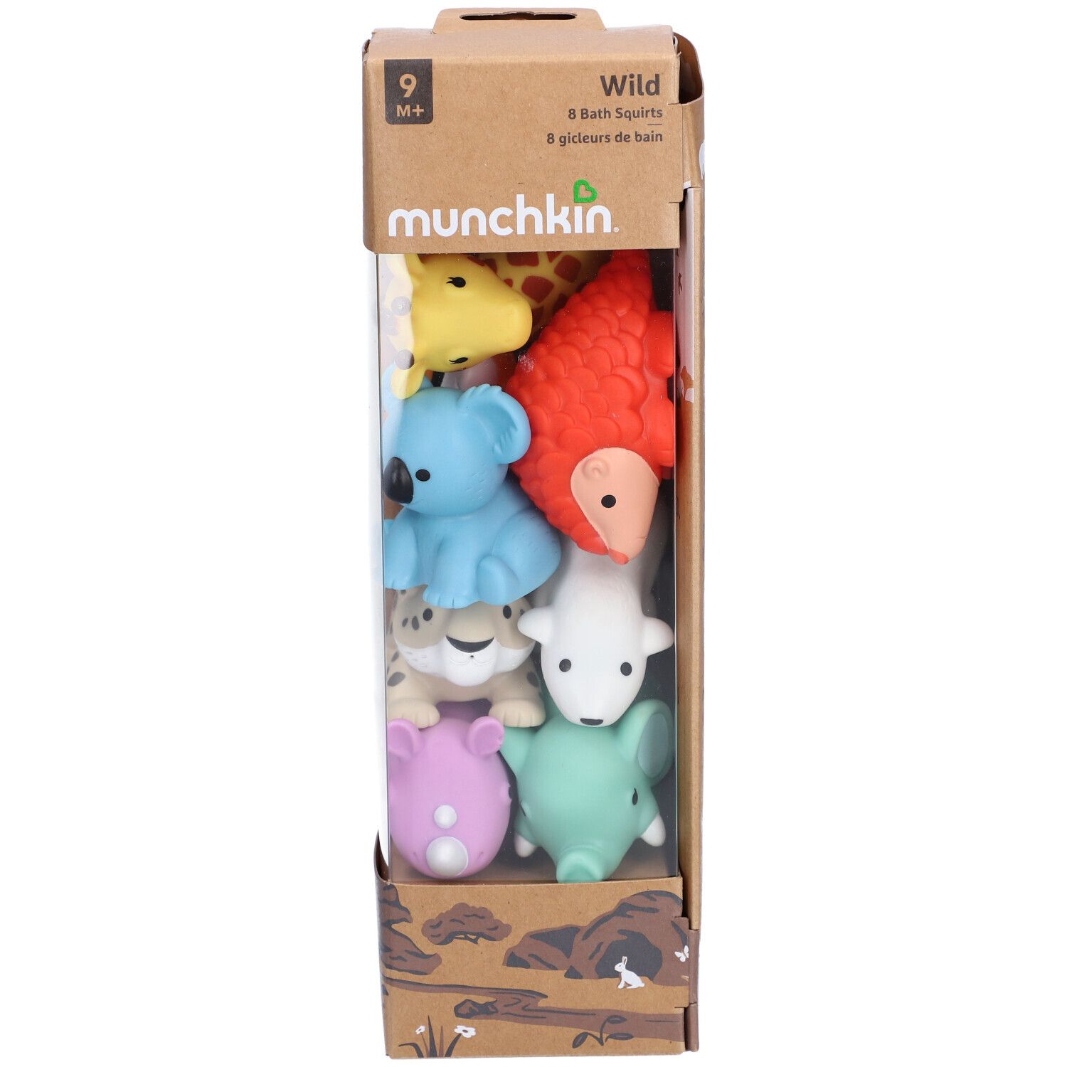 Verpakking met 8 dierenspuitfiguren. Bevat giraf, koala, neushoorn, luipaard, olifant, pinguïn, ijsbeer en tijger.