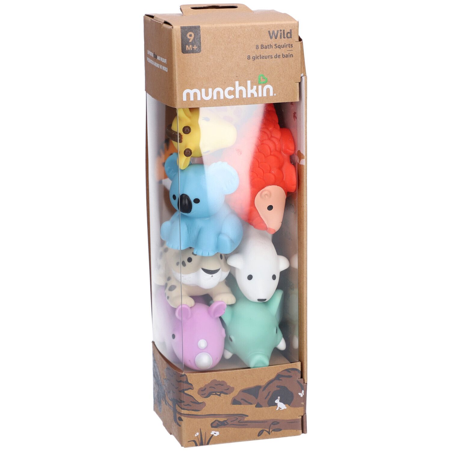 Verpakking met 8 dierenspuitfiguren. Bevat giraf, koala, neushoorn, luipaard, olifant, pinguïn, ijsbeer en tijger.