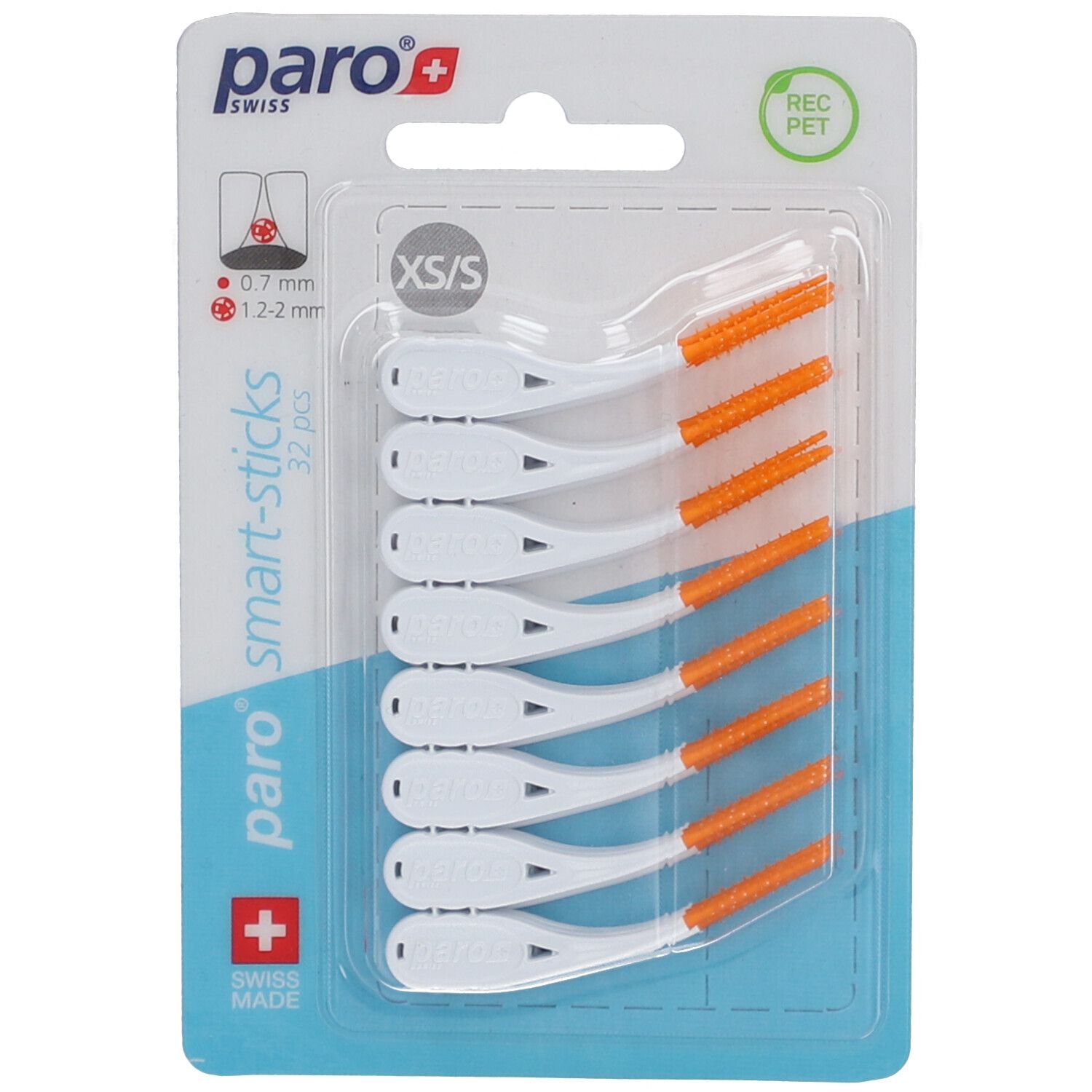 Blisterverpakking met witte en oranje tandenstokers. "paro smart-sticks XS/S" en "REC PET" op de verpakking.