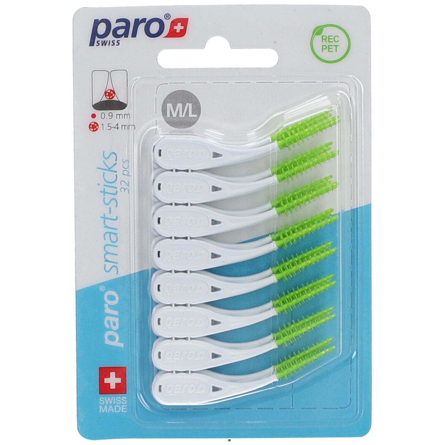 Bâtonnets dentaires avec brins verts, emballage blister. Taille M/L. 32 pièces. Marque Paro Swiss.