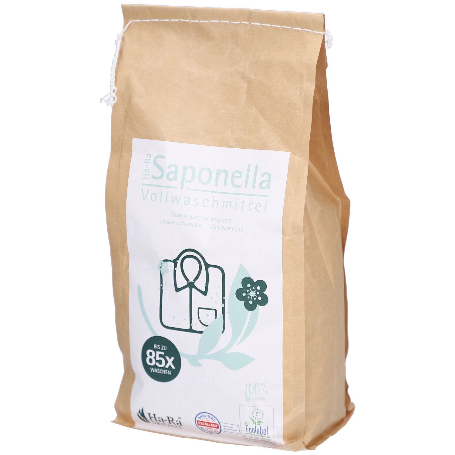 Sac en papier brun avec impression. Texte: Saponella Vollwaschmittel, Ha-Ra Original. Illustration: chemise, fleur.