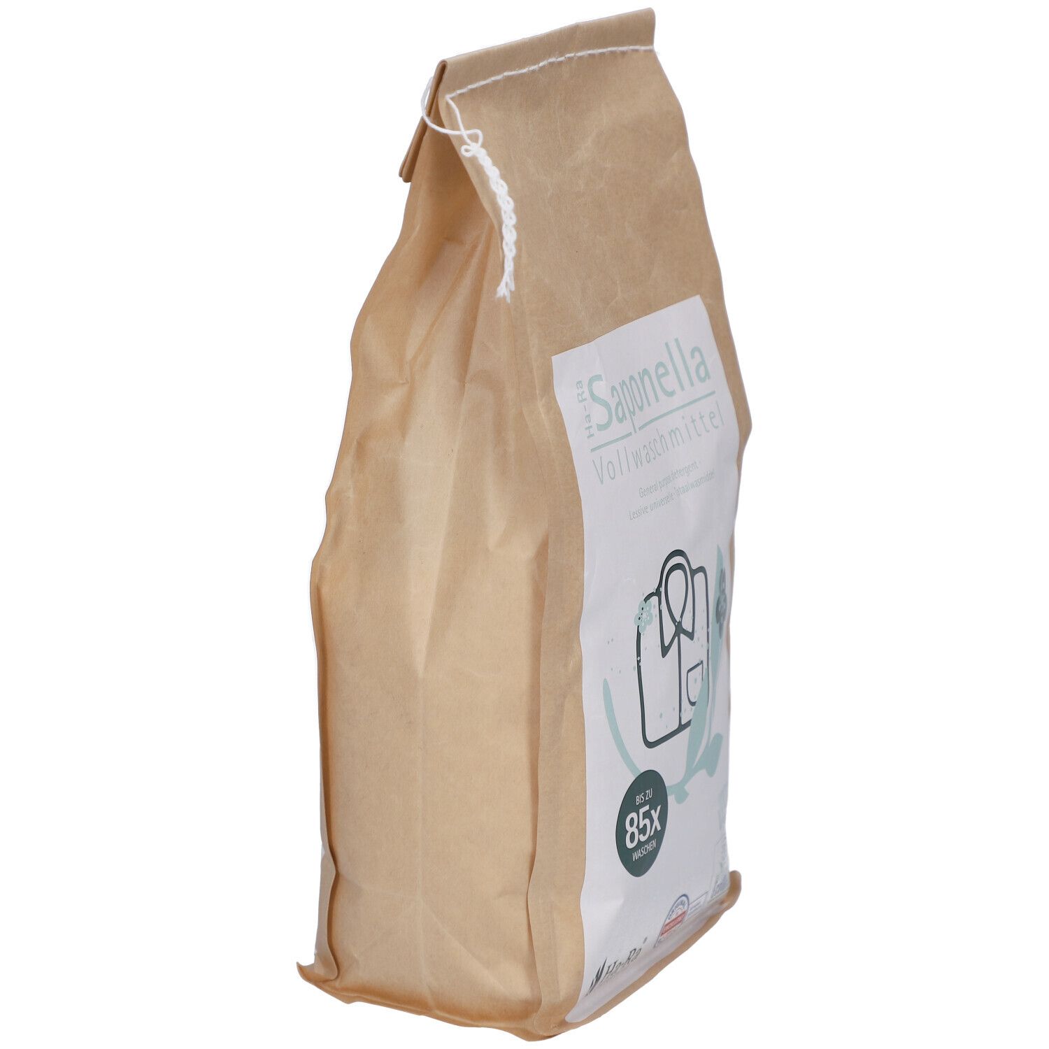 Sac en papier brun, vue latérale. Texte: Saponella Vollwaschmittel, Ha-Ra Original. Illustration: chemise. Symbole d'avertissement.