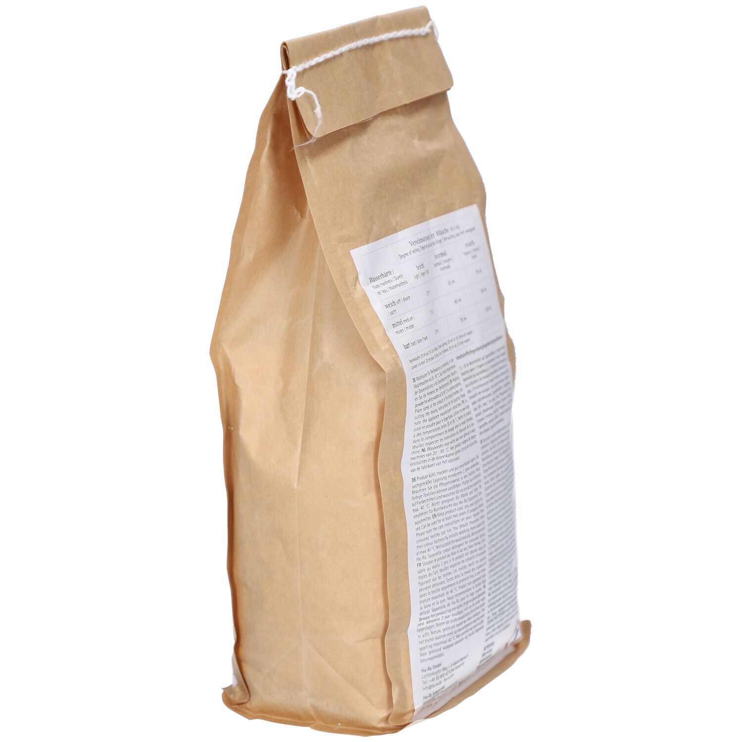 Sac en papier brun, vue latérale. Texte et labels. Labels: EcoLabel, Made in Germany. Symbole d'avertissement.