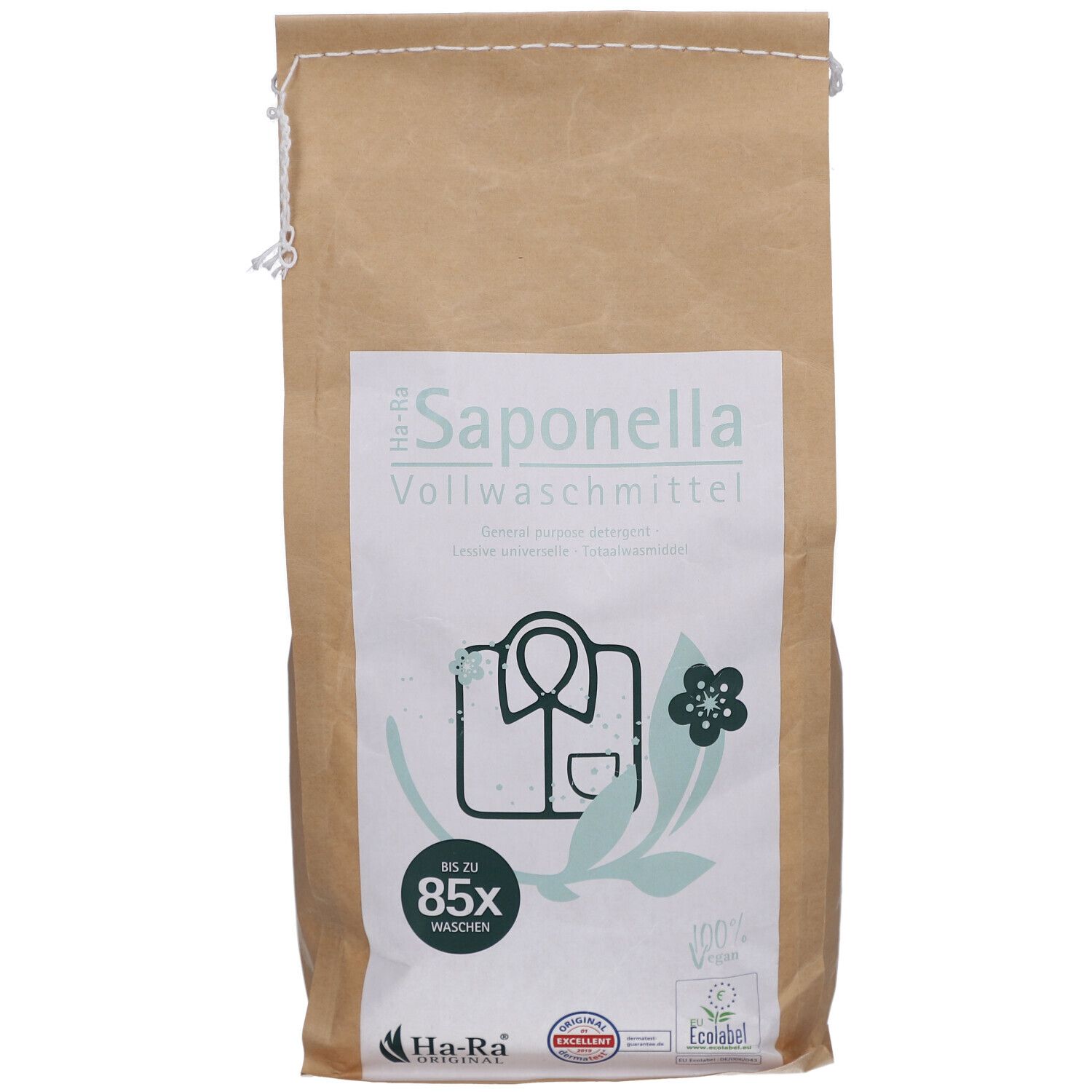 Sac en papier brun avec impression. Texte: Saponella Vollwaschmittel, Ha-Ra Original. Illustration: chemise, fleur.