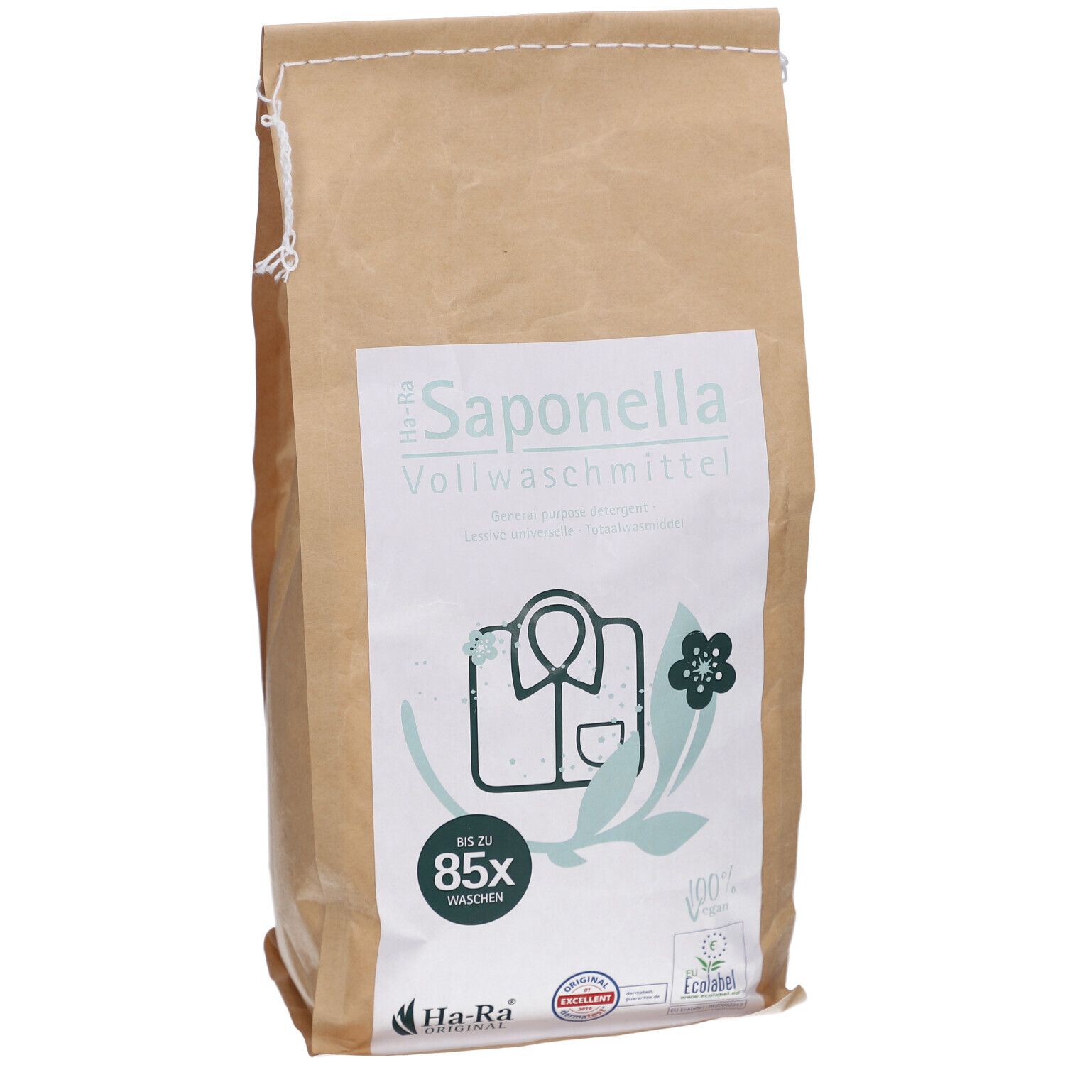 Sac en papier brun avec impression. Texte: Saponella Vollwaschmittel, Ha-Ra Original. Illustration: chemise, fleur.