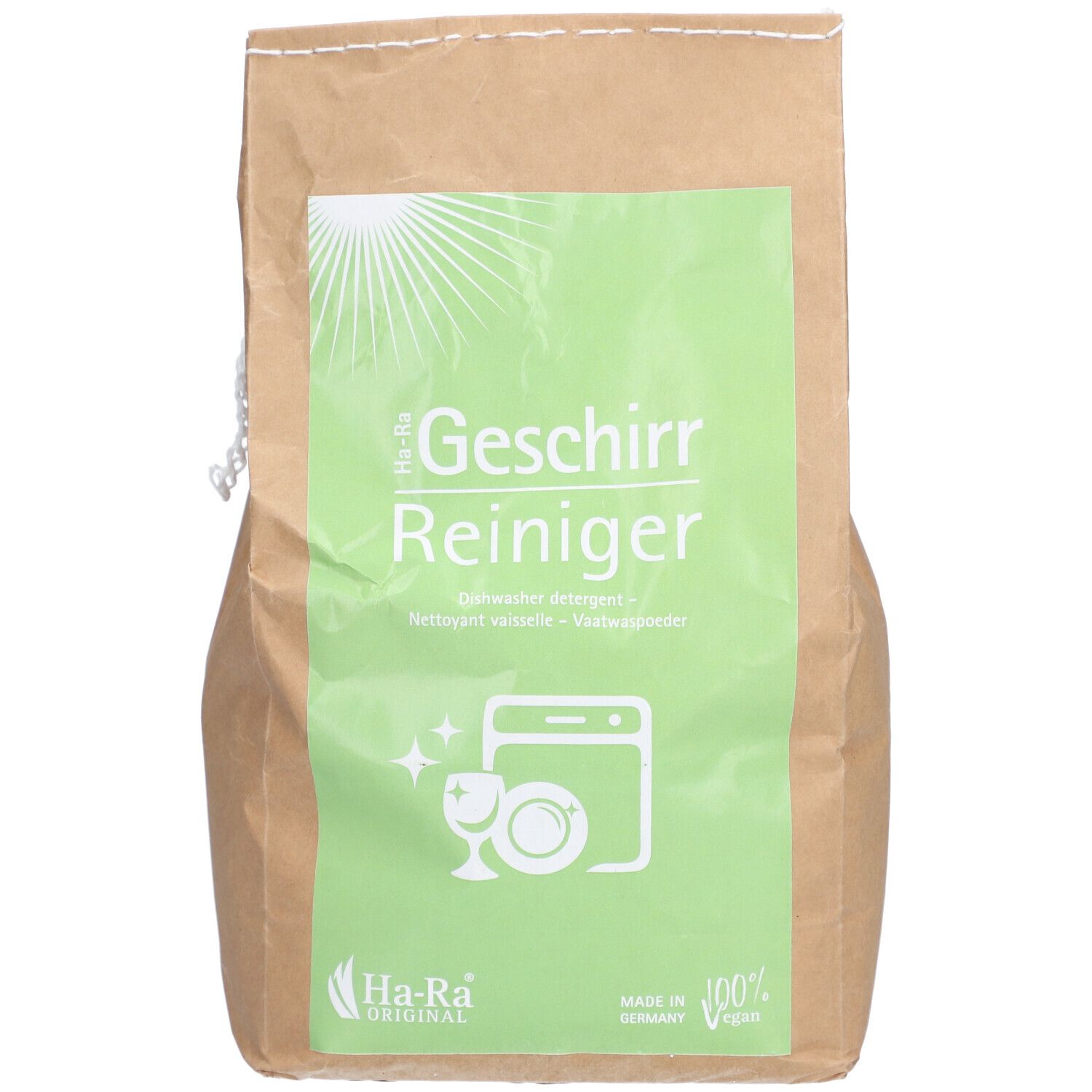 Zak met vaatwasmiddel. Bruine zak met groen etiket en witte tekst. Ha-Ra logo linksonder.