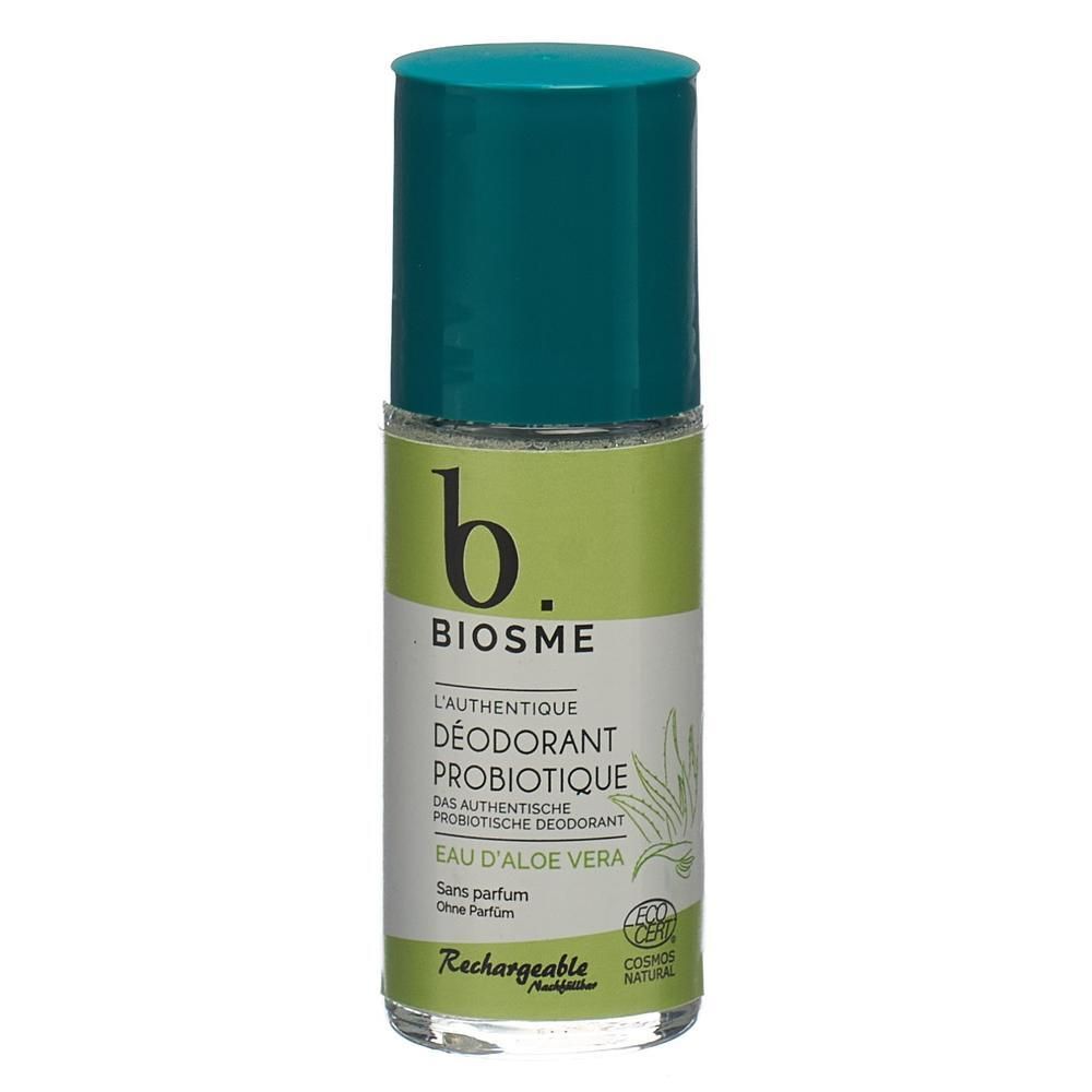 Déodorant roll-on avec bouchon vert. Inscriptions: BIOSME, L'AUTHENTIQUE DÉODORANT PROBIOTIQUE, EAU D'ALOE VERA. Sans parfum. Certification COSMOS NATURAL.