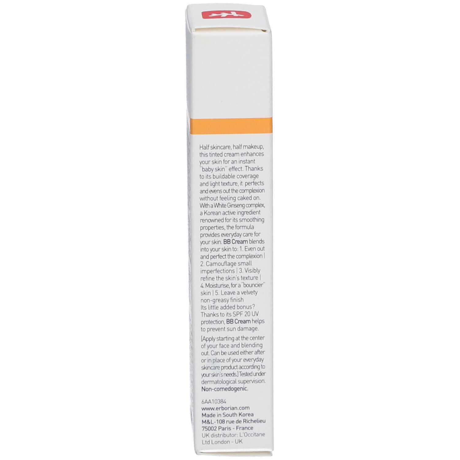 Boîte blanche avec bande orange et texte. Contient une BB Crème avec FPS 20.