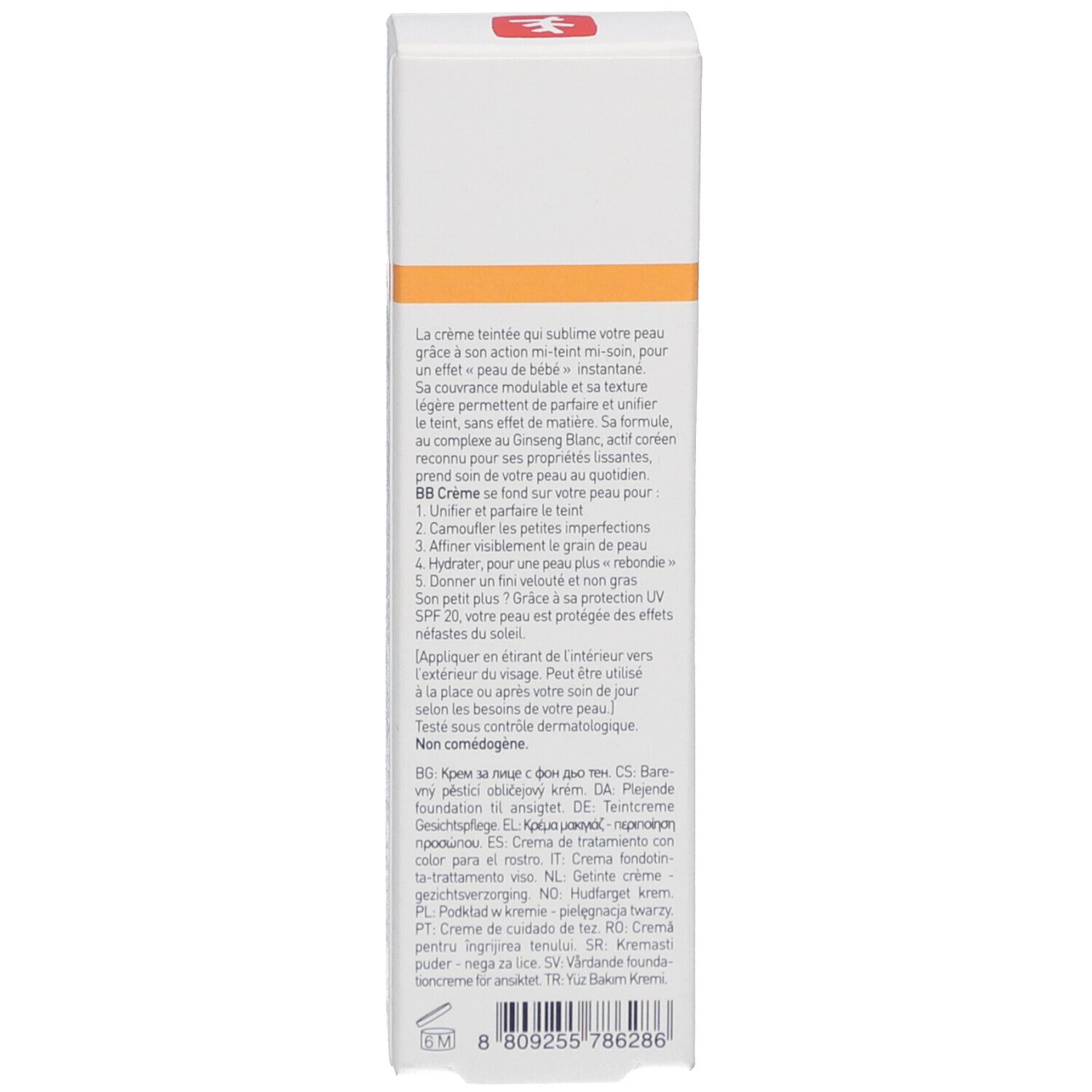 Boîte blanche avec bande orange et texte multilingue, incluant la description de la crème BB.