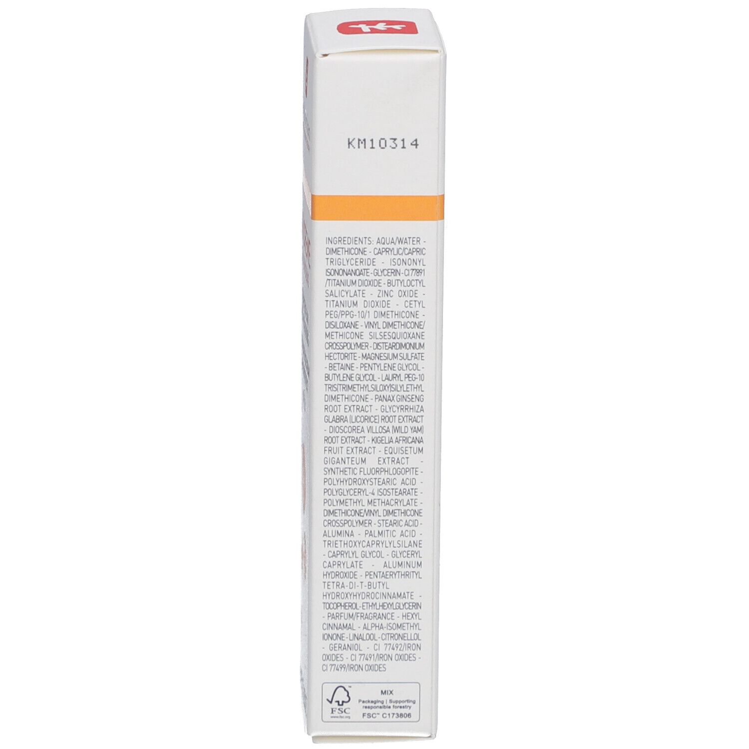 Emballage blanc avec liste d'ingrédients et code produit KM10314.