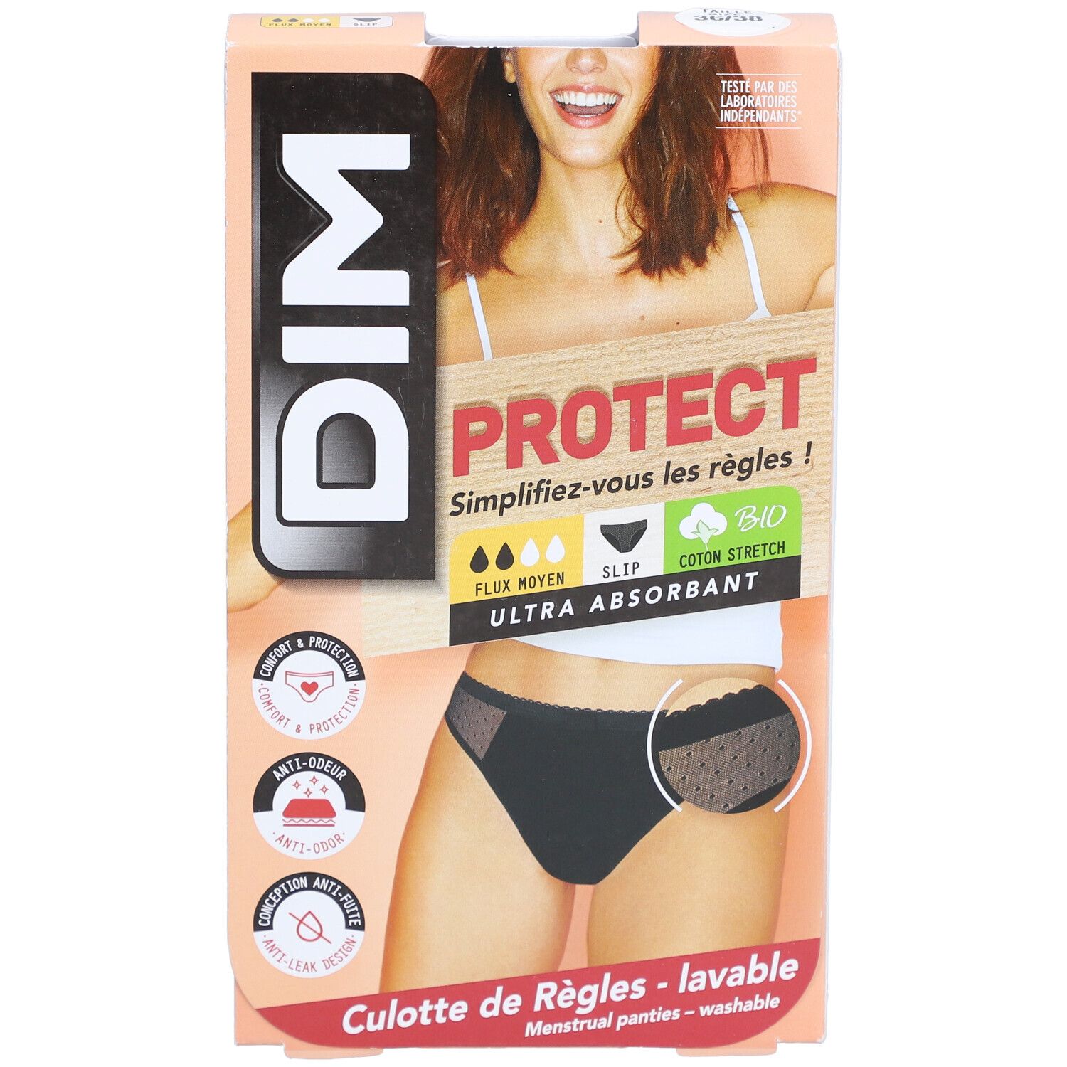 Verpakking met zwarte DIM slip. Opschrift: PROTECT, biologisch katoen, ultra-absorberend. Productafbeelding.