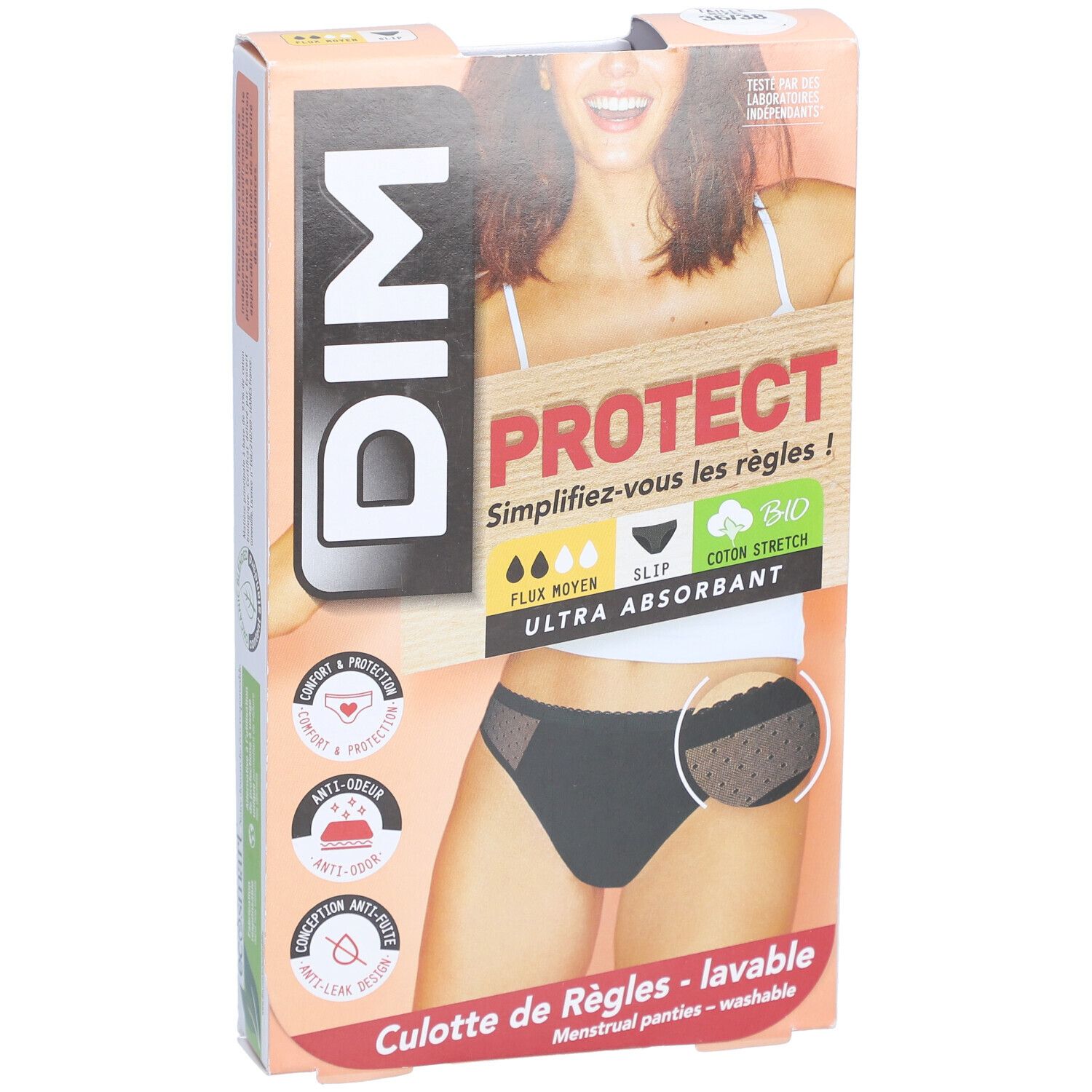 Verpakking met zwarte DIM slip. Opschrift: PROTECT, biologisch katoen, ultra-absorberend. Productafbeelding.