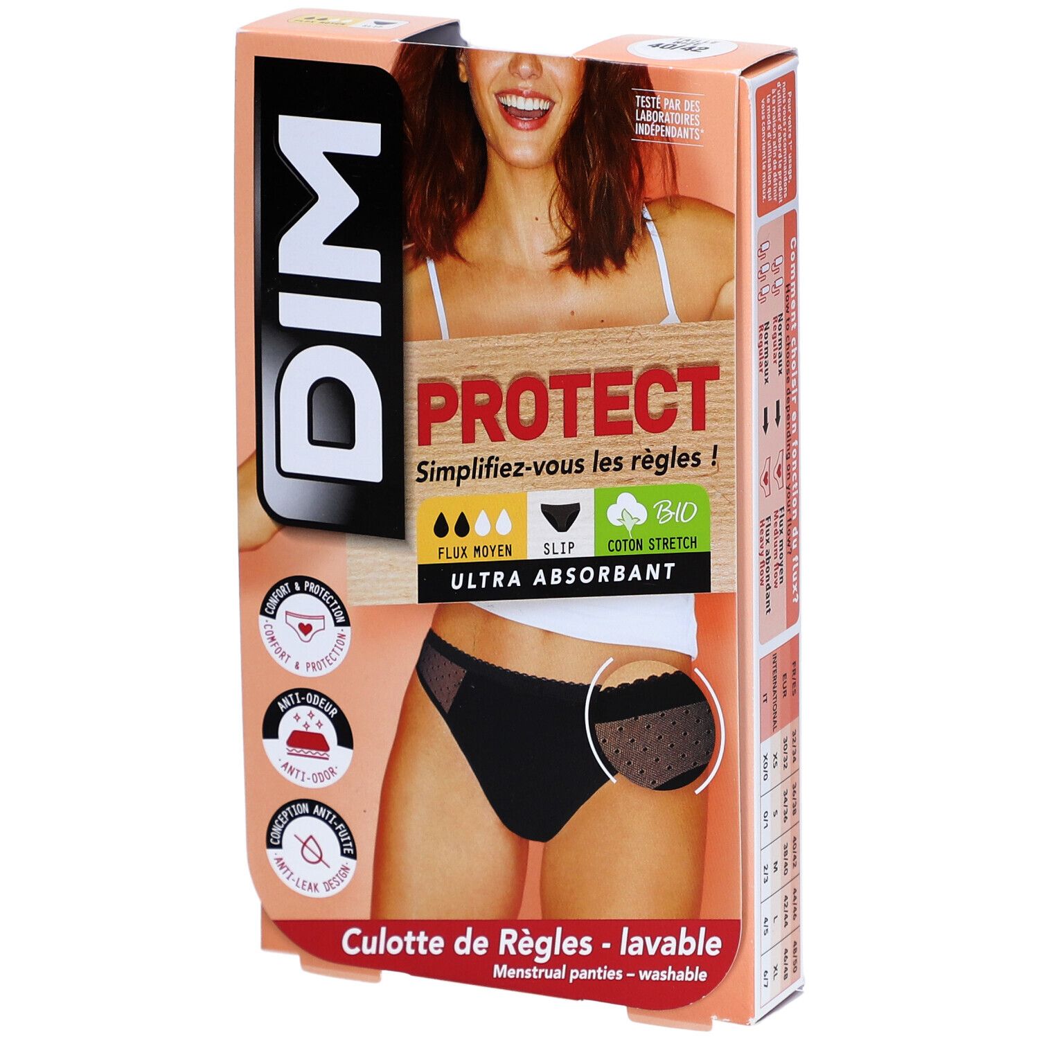 Verpakking DIM Protect menstruatieslip. Zwarte slip met kant, biologisch katoen, gemiddelde flow, ultra absorberend.
