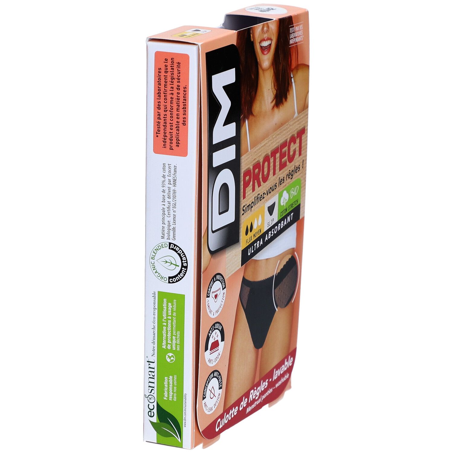 Zijkant verpakking DIM Protect menstruatieslip. Productinformatie, biologisch katoen, ultra absorberend, wasbaar.