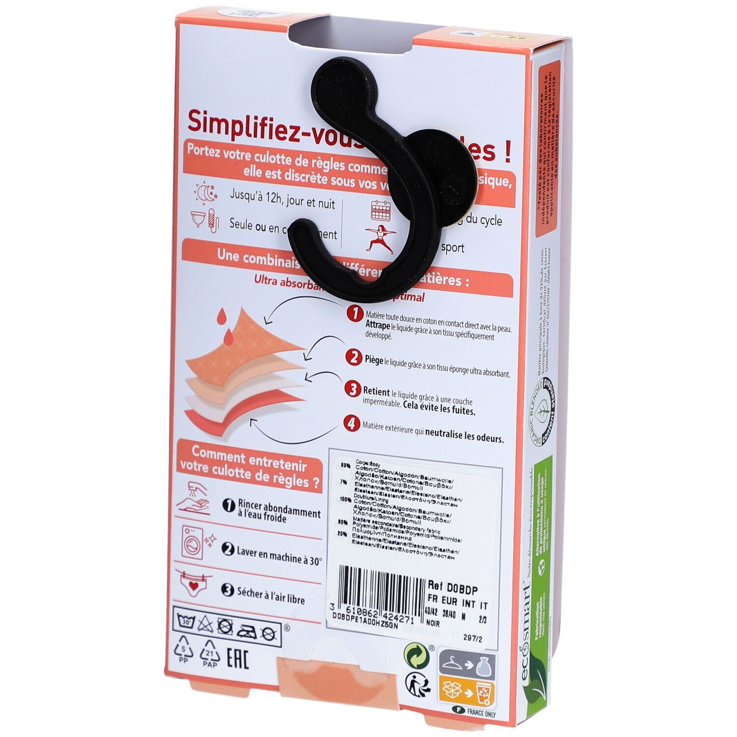 Achterkant verpakking DIM Protect menstruatieslip. Kenmerken, wasvoorschriften, maat informatie.