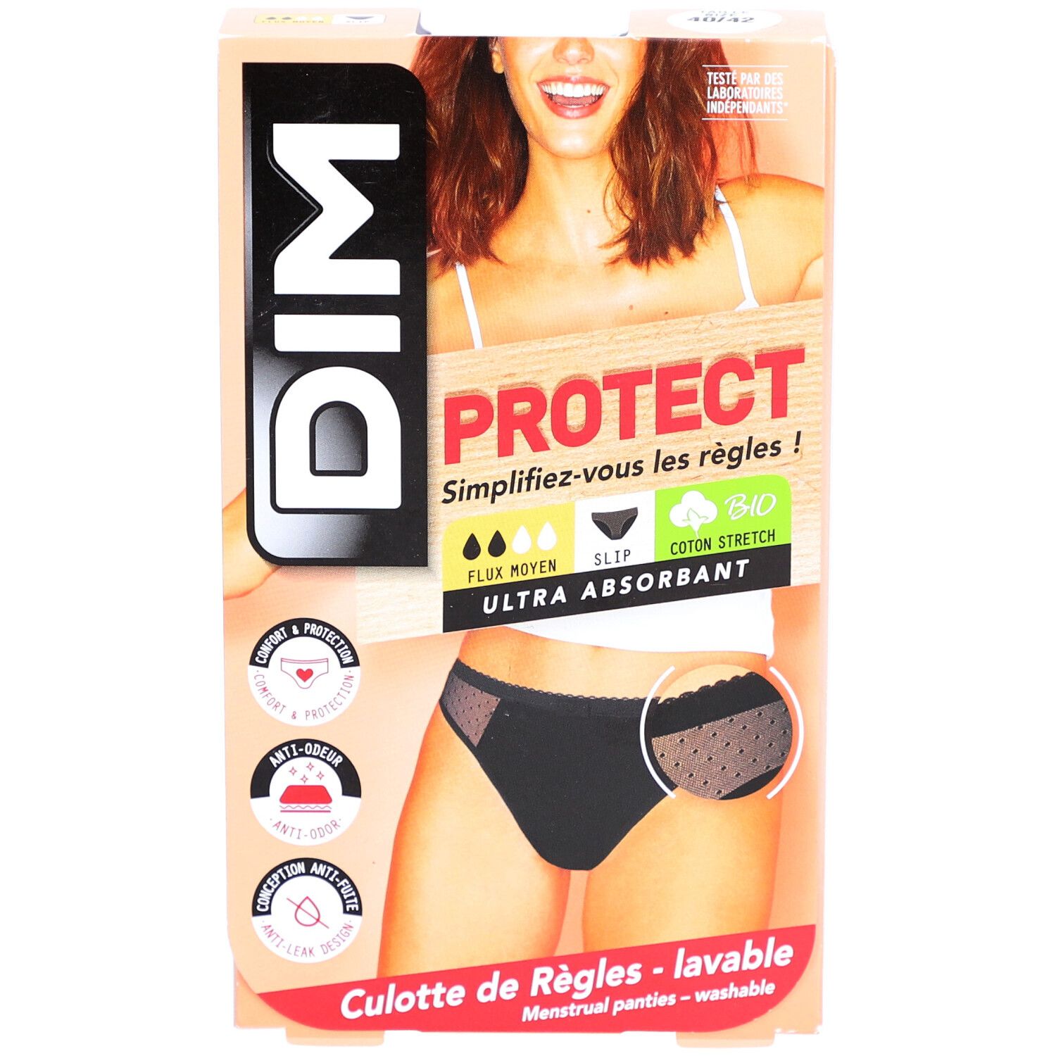 Verpakking DIM Protect menstruatieslip. Zwarte slip met kant, biologisch katoen, gemiddelde flow, ultra absorberend.