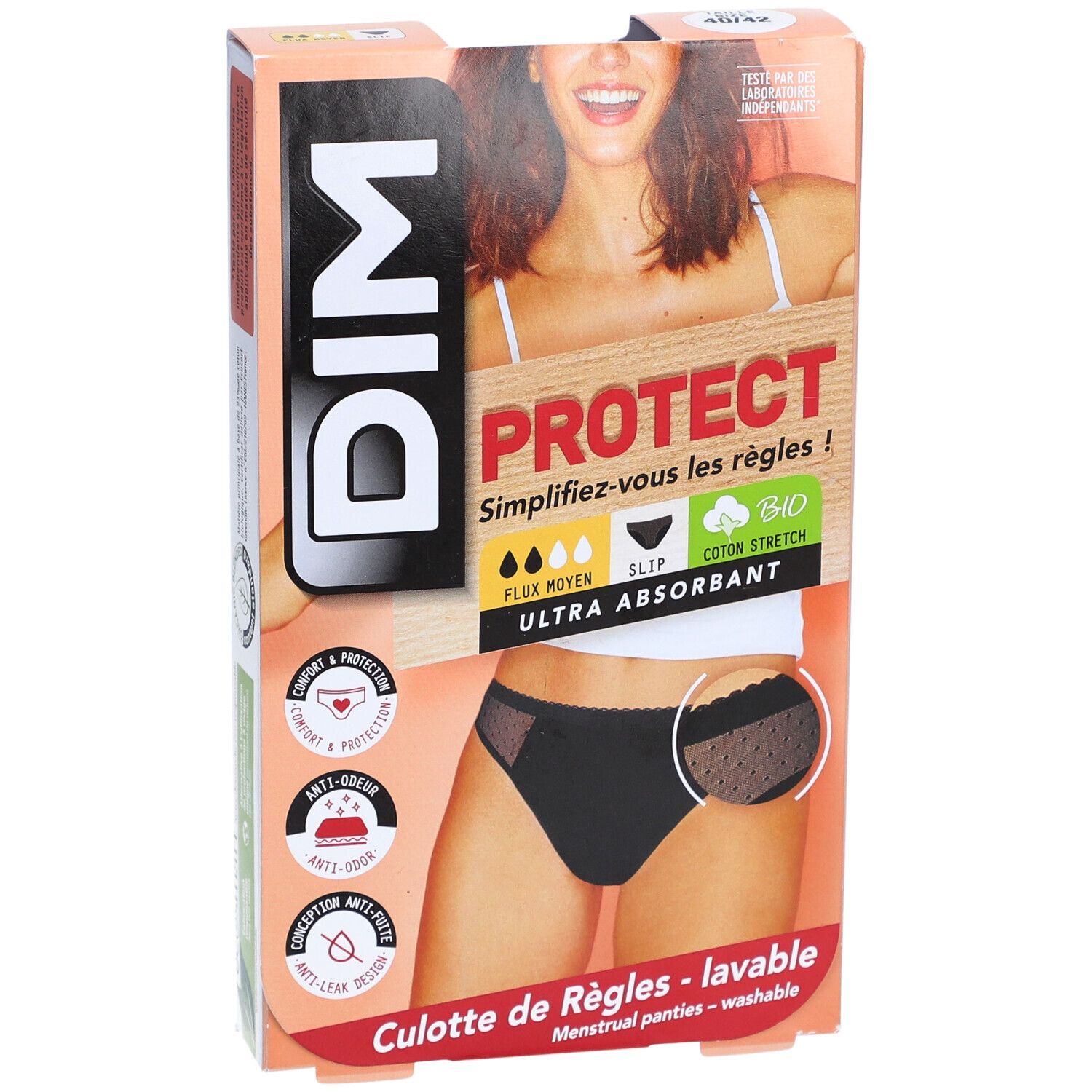 Verpakking DIM Protect menstruatieslip. Zwarte slip met kant, biologisch katoen, gemiddelde flow, ultra absorberend.