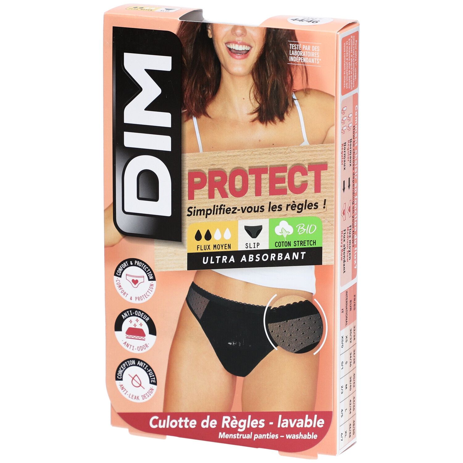 Verpakking DIM Protect Slip zwart, maat 44-46, gemiddelde flow. Biologisch katoen, wasbaar.