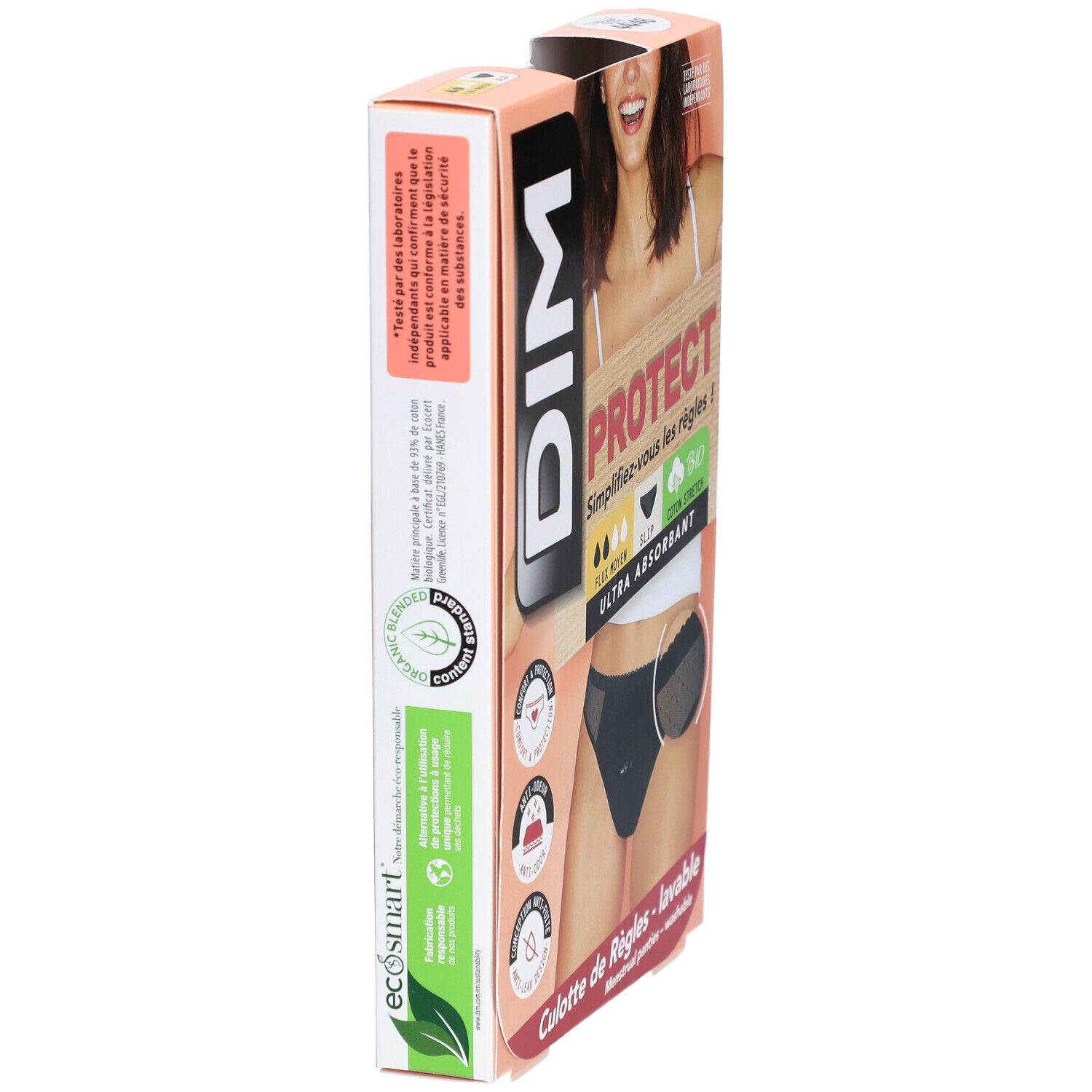 DIM Protect verpakking, zijaanzicht. Zwarte slip, maat 44-46, gemiddelde flow. Wasbaar.