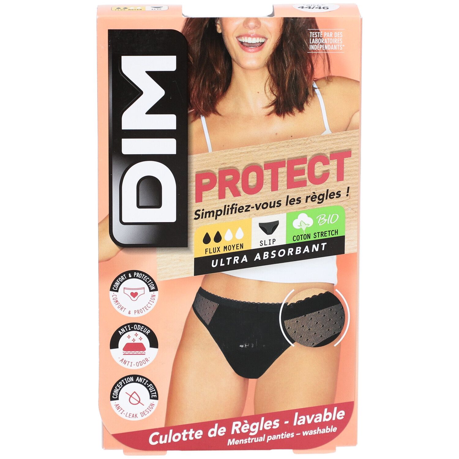 DIM Protect verpakking. Zwarte slip, maat 44-46, gemiddelde flow. Biologisch katoen, wasbaar.