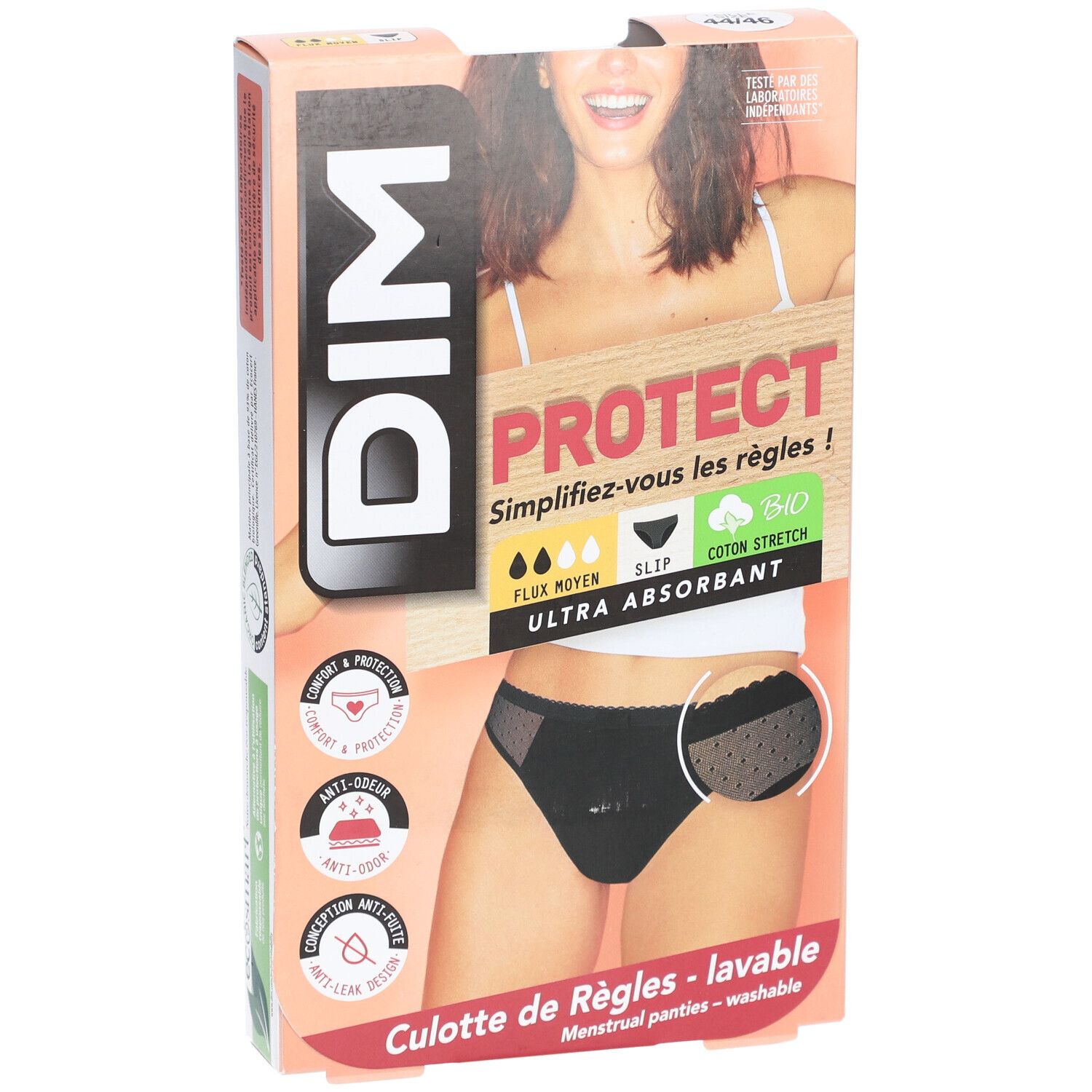 DIM Protect verpakking. Zwarte slip, maat 44-46, gemiddelde flow. Biologisch katoen, wasbaar.