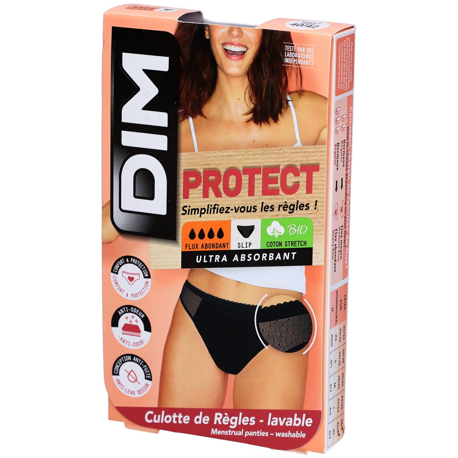 Boîte de culotte menstruelle DIM noire. Inscription PROTECT, ultra absorbante, coton bio. Modèle avec dentelle.