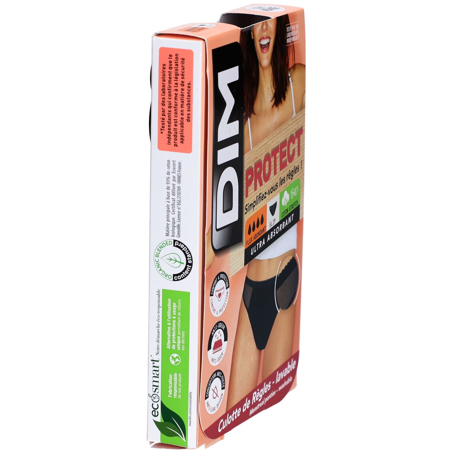 Vue latérale de l'emballage DIM. Culotte menstruelle noire, inscription PROTECT, coton bio. Certification écologique.